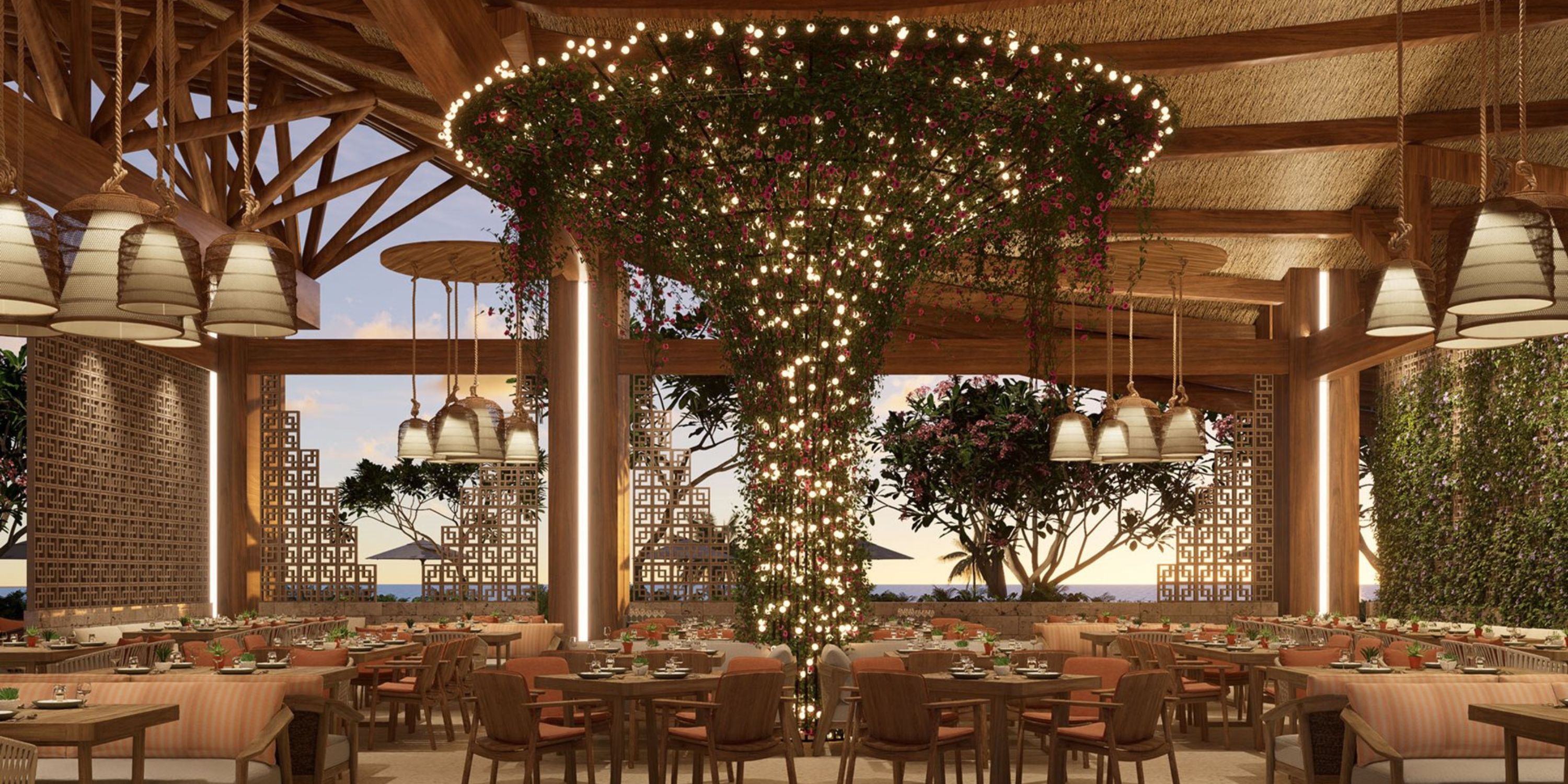 Moon Palace The Grand features a spacious restaurant with wooden decor, round tables, and wedding ambiance.