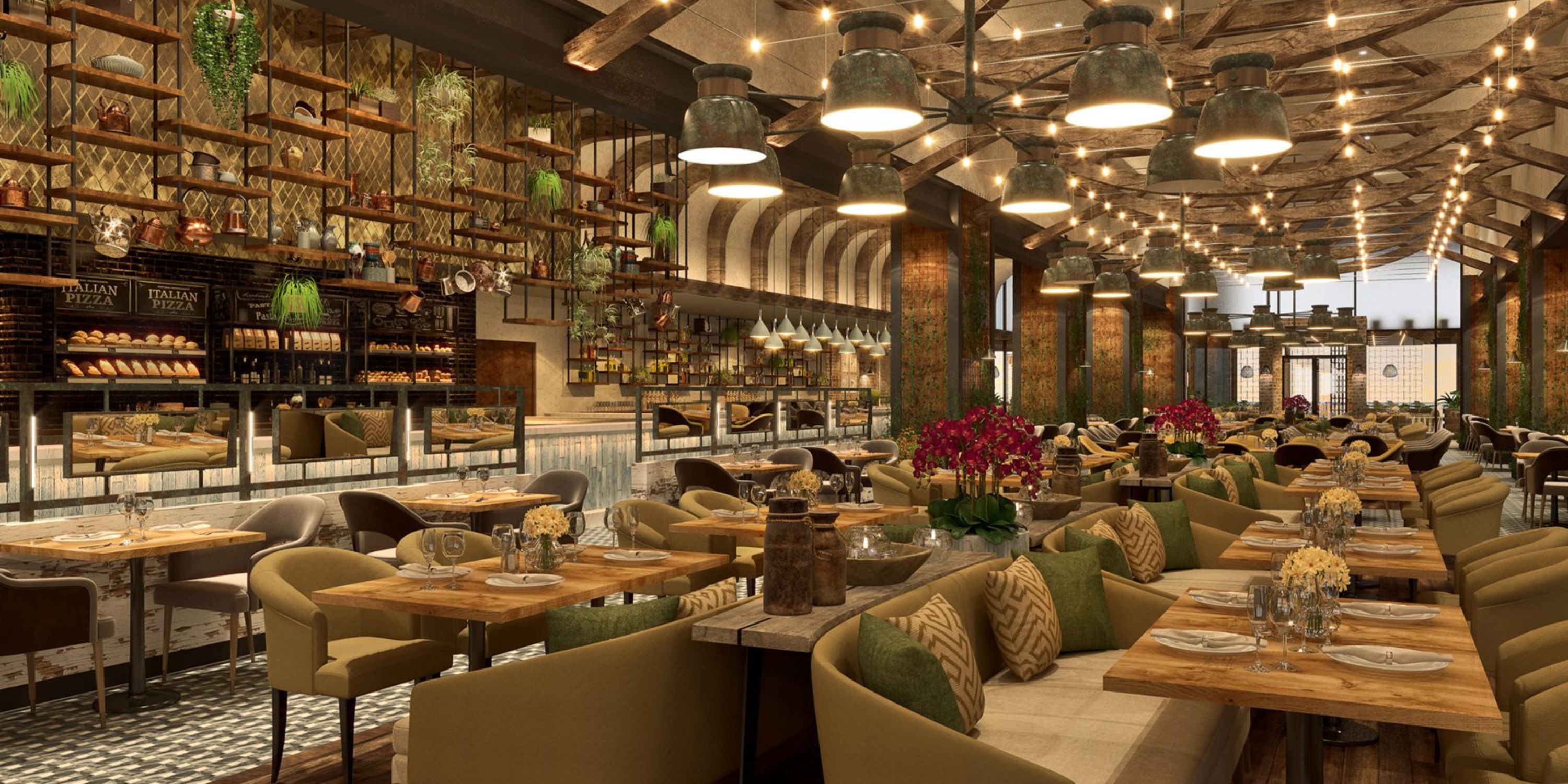 Moon Palace The Grand is a large, inviting wedding venue with wood tables, greenery, and pendant lights.