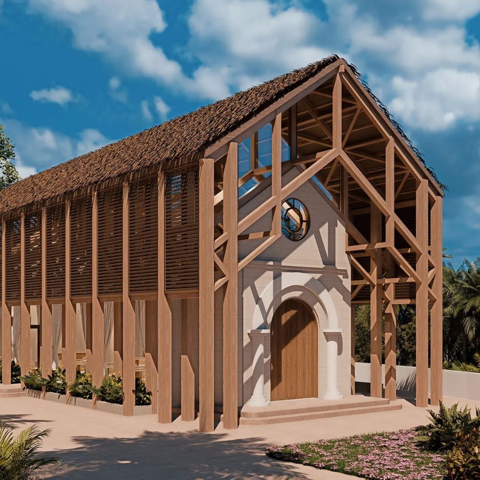 A modern wooden structure surrounds a charming stone building with an arched door, perfect for a wedding.