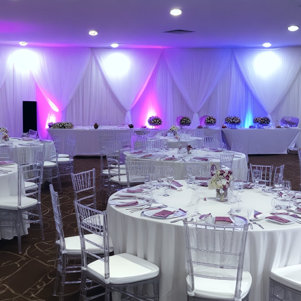Banquet hall set for a destination wedding with round tables, white linens, and purple-blue lighting.