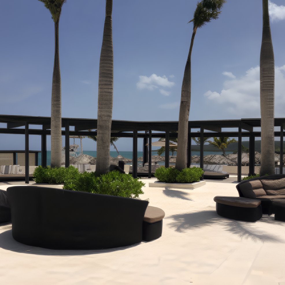 Chic outdoor lounge with black furniture, palm trees, and ocean—perfect for a destination wedding.
