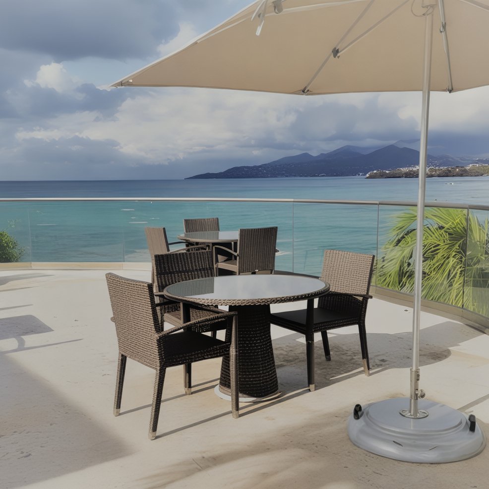 Patio table and chairs under an umbrella on a terrace, perfect for a destination wedding by the sea.