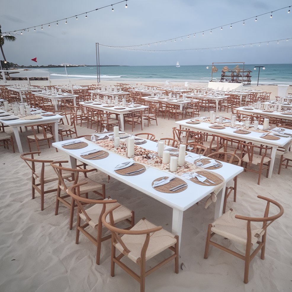 White tables and wooden chairs set for a destination wedding meal on sandy beach with string lights overhead.