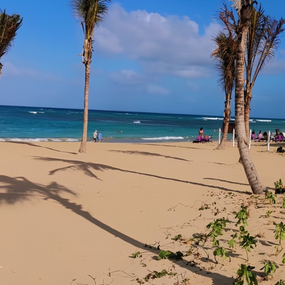 A destination wedding takes place on a sandy beach with palm trees, blue ocean, and a partly cloudy sky.