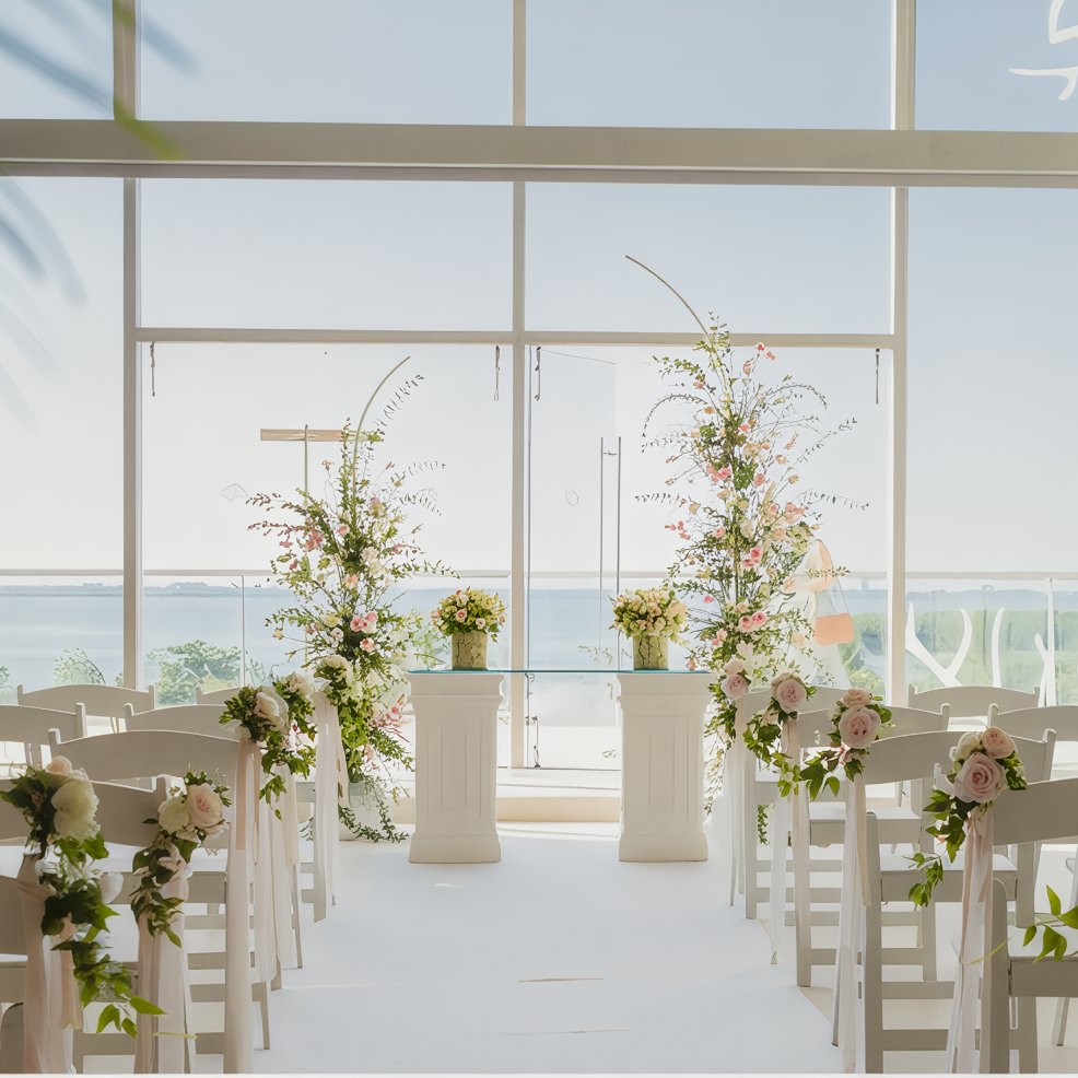 Destination wedding setup with white chairs, floral aisle decor, and stunning ocean view through big windows.