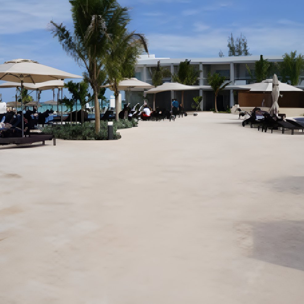 Beachfront hotel set up for a destination wedding, with lounge chairs, umbrellas, and palm trees nearby.