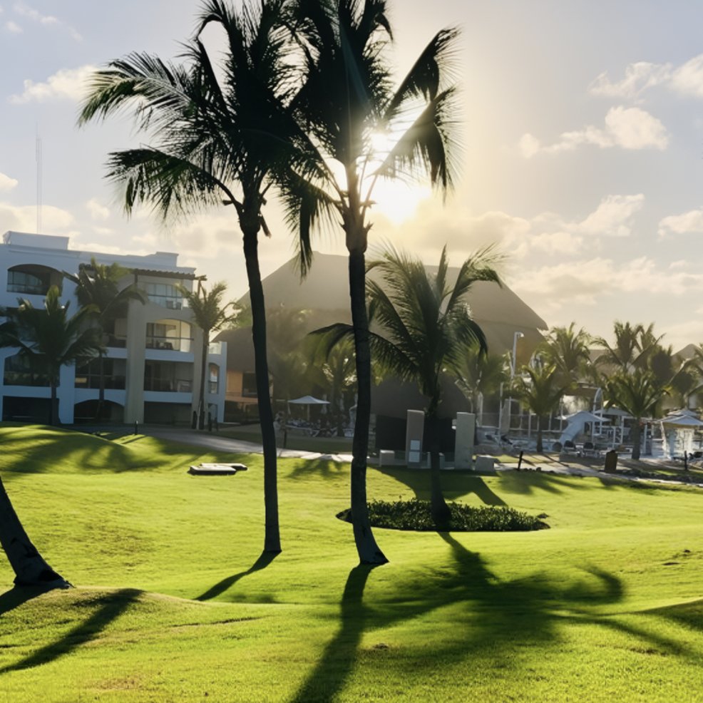 Palm trees cast long shadows on a sunlit lawn, perfect for a destination wedding by modern resorts.