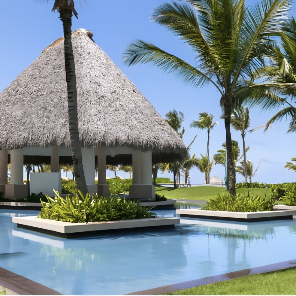 Thatched-roof pavilion by palm trees and a reflective pool, ideal for a tropical destination wedding.