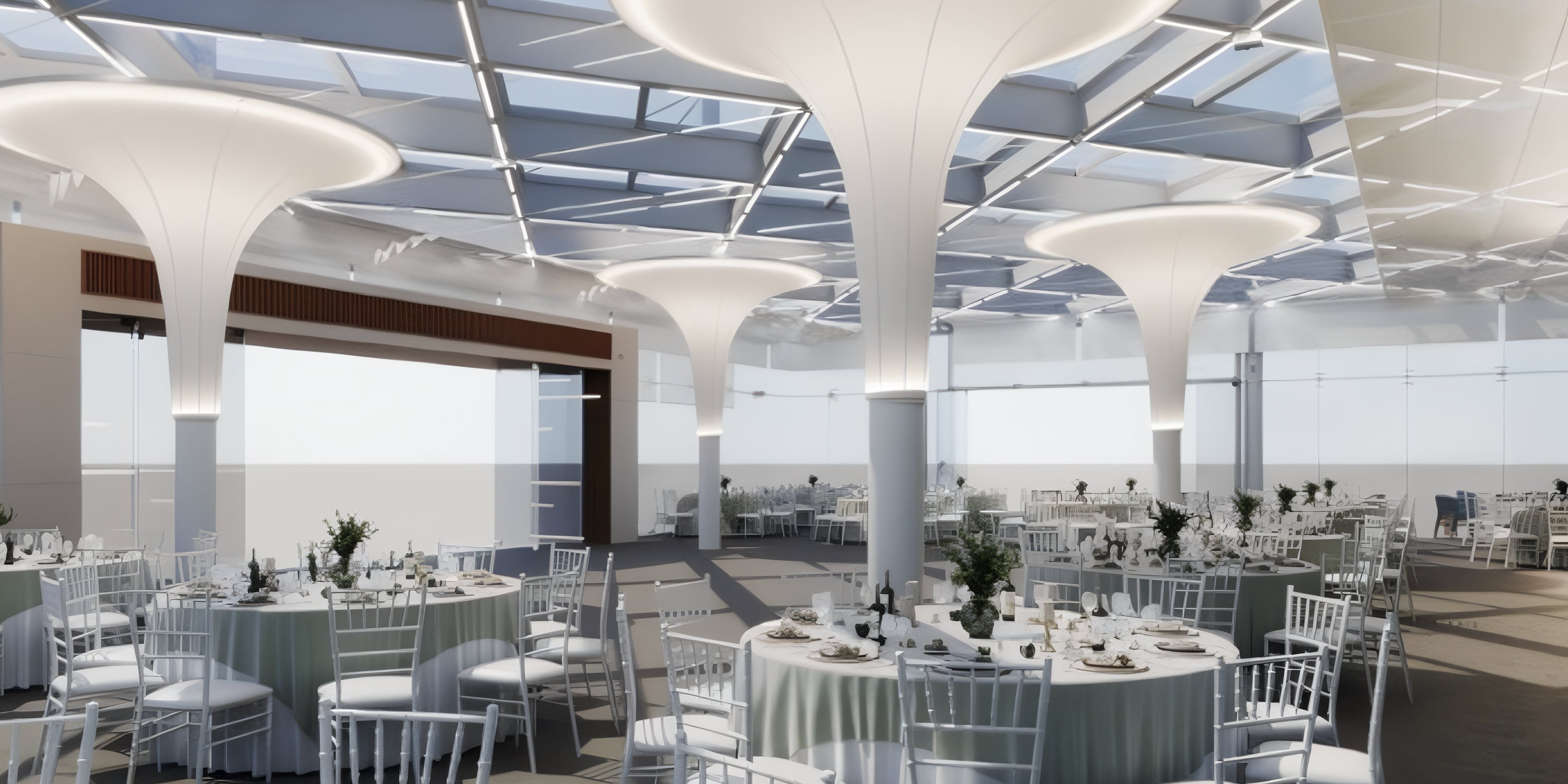 Elegant banquet hall set for a destination wedding, featuring round tables, white chairs, and grand lights.