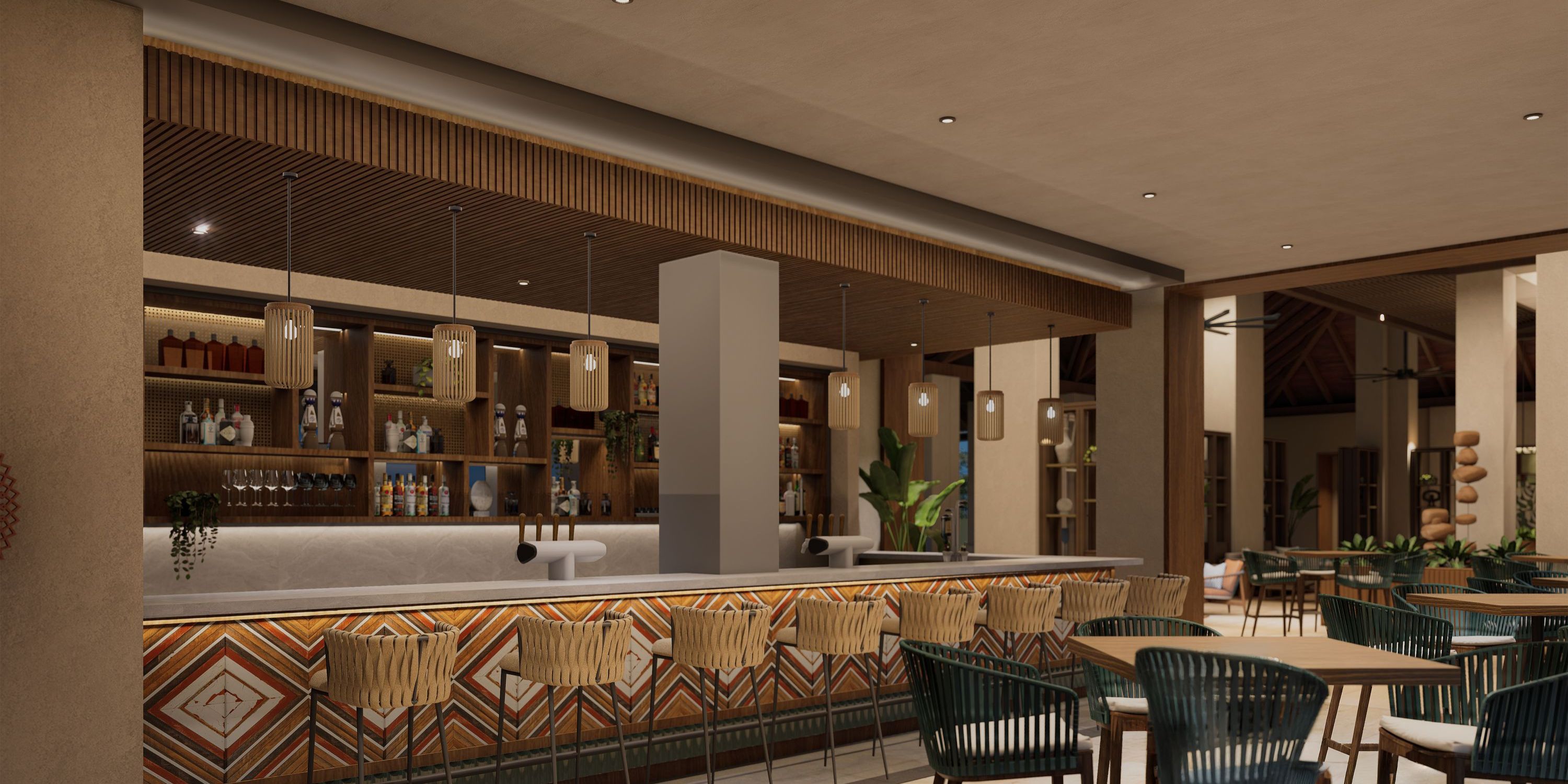 Hyatt Vivid Grand Island bar, ideal for destination weddings, with patterned counter, stools, lights, and bottle shelves.