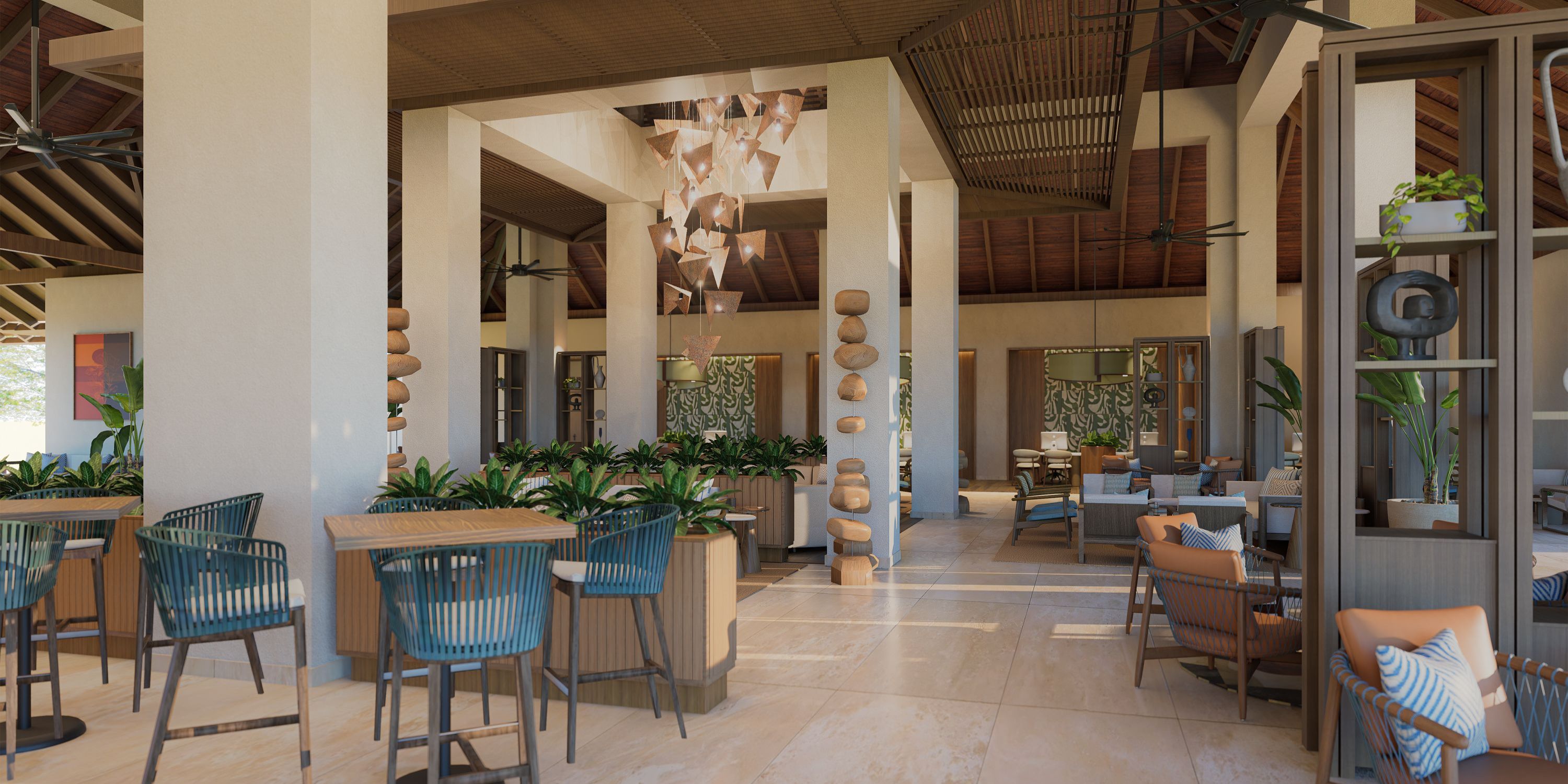 Elegant, modern Hyatt Vivid Grand Island lobby perfect for destination wedding guests, with seating, plants, and stylish lighting.