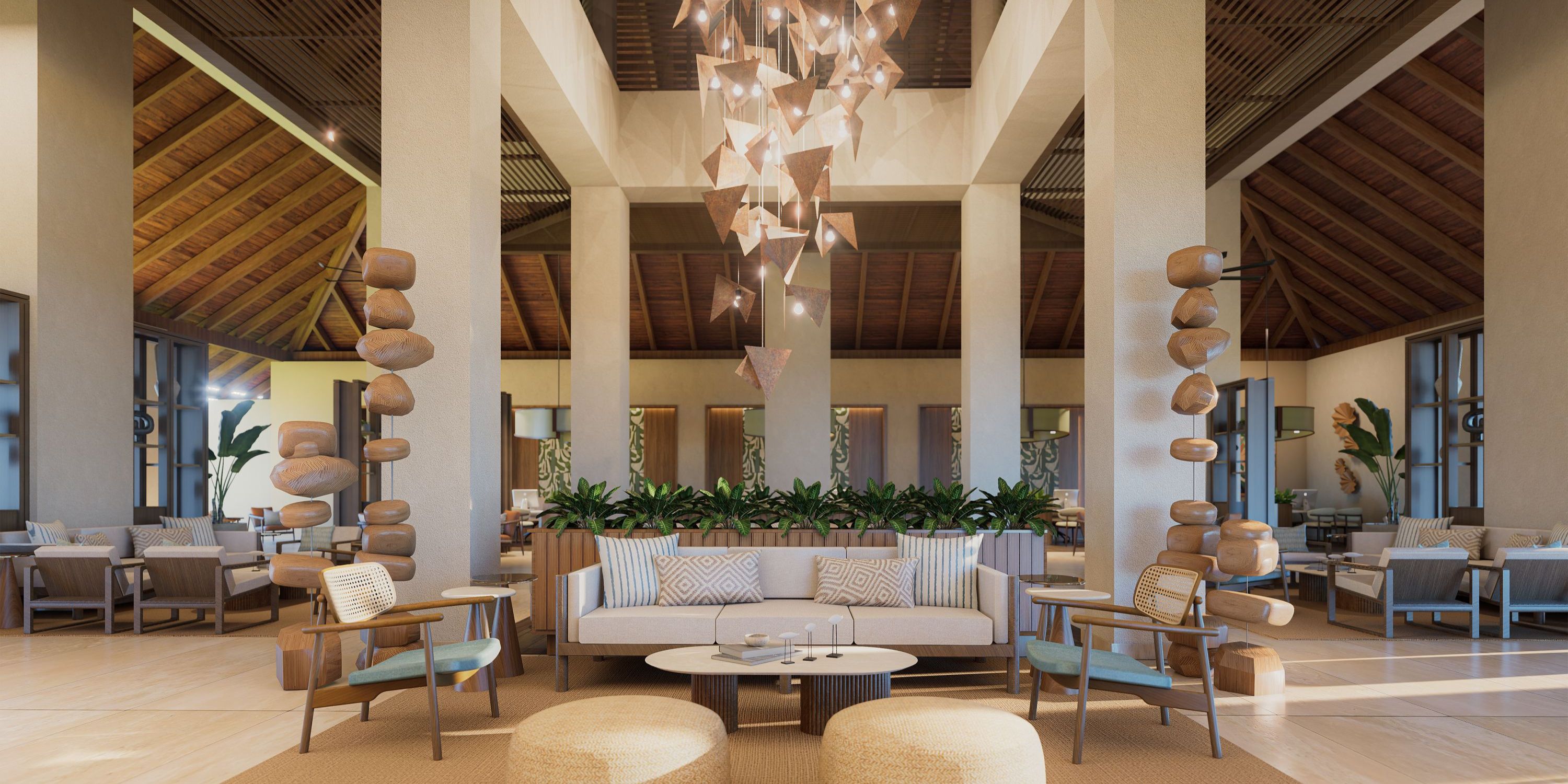 Hyatt Vivid Grand Island: Elegant lobby with chic seating and geometric lights, ideal for destination weddings.