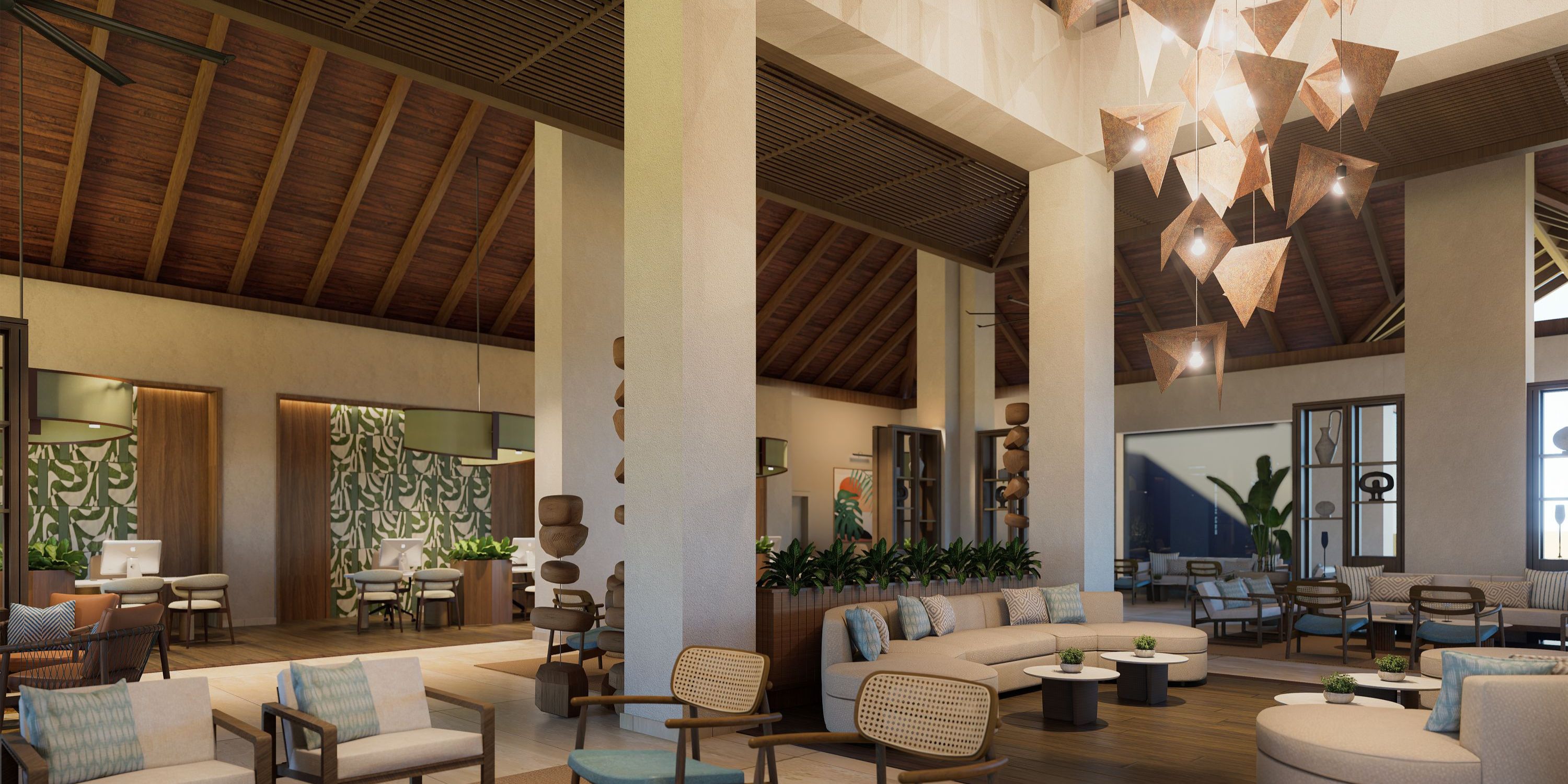 Hyatt Vivid Grand Island lobby, ideal for destination weddings, with wooden ceiling and modern seating.