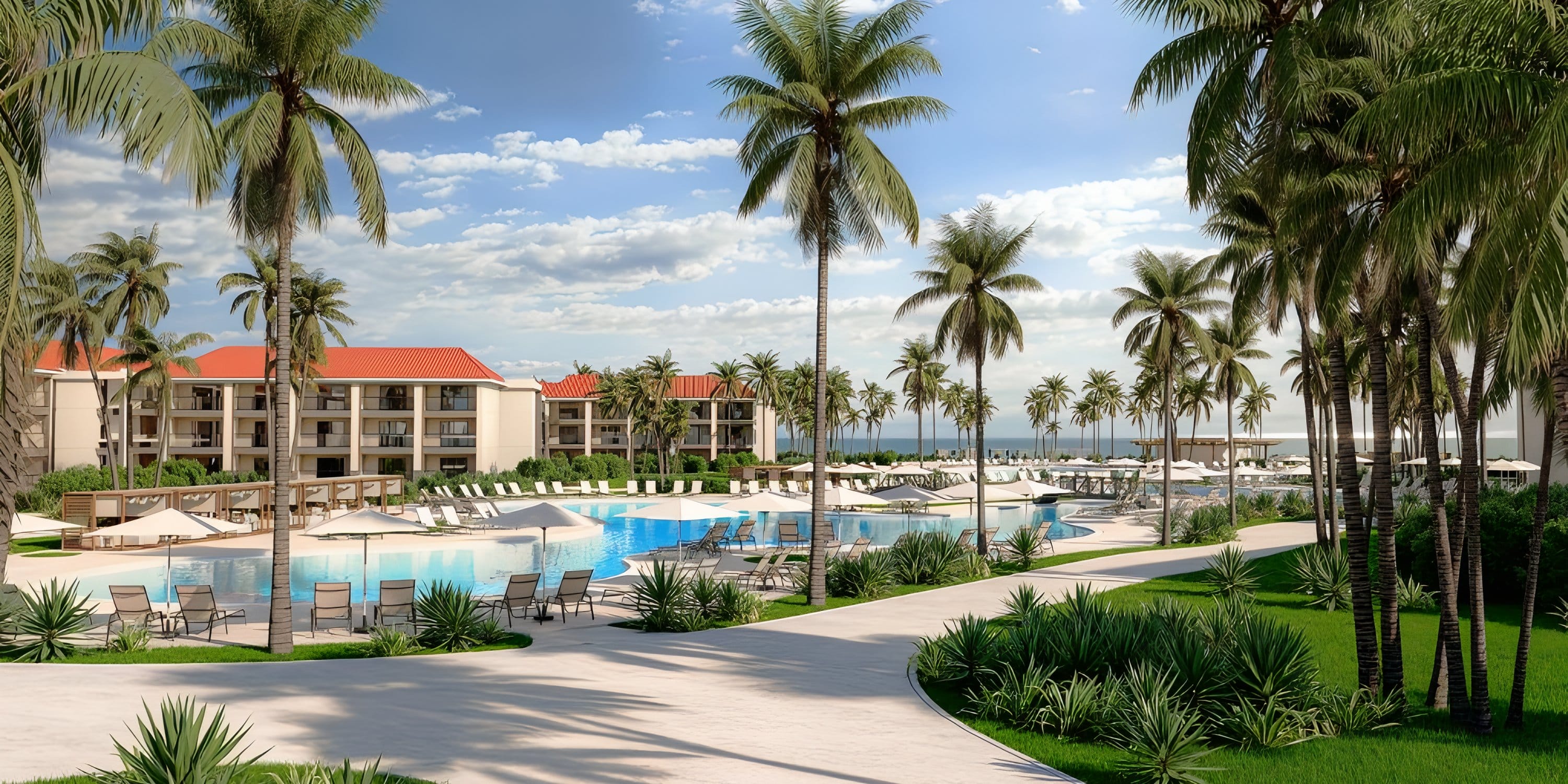 Hyatt Vivid Punta Cana: ideal destination wedding spot with palm trees, pool, and ocean views.