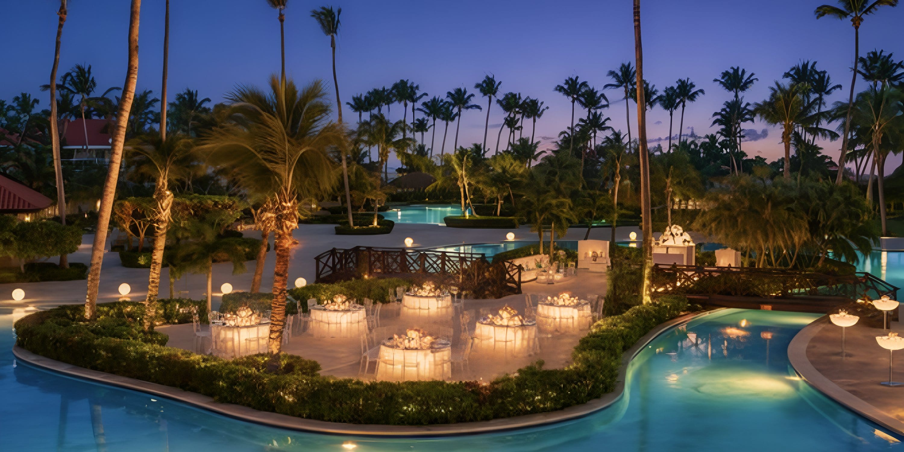 Destination wedding evening at Hyatt Vivid Punta Cana with round tables, lights, palms, and pools.