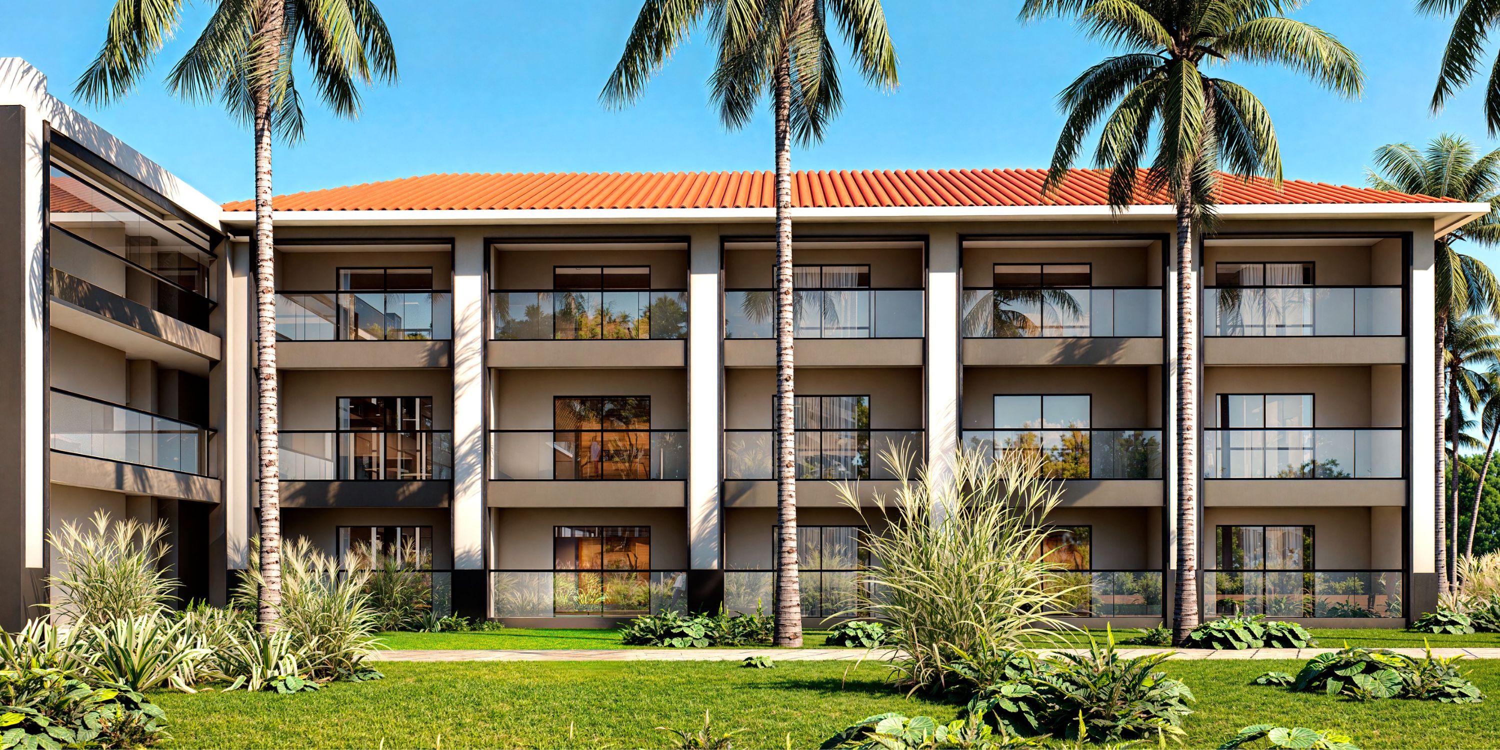 Hyatt Vivid Grand Island: Stylish three-story apartments with balconies, perfect for a destination wedding.