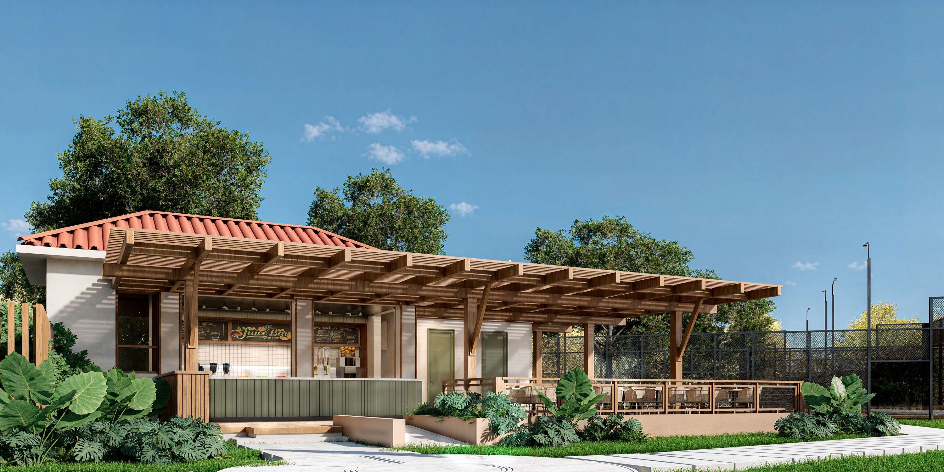 Hyatt Vivid Grand Island’s outdoor café with pergola seating and lush greenery is ideal for weddings.