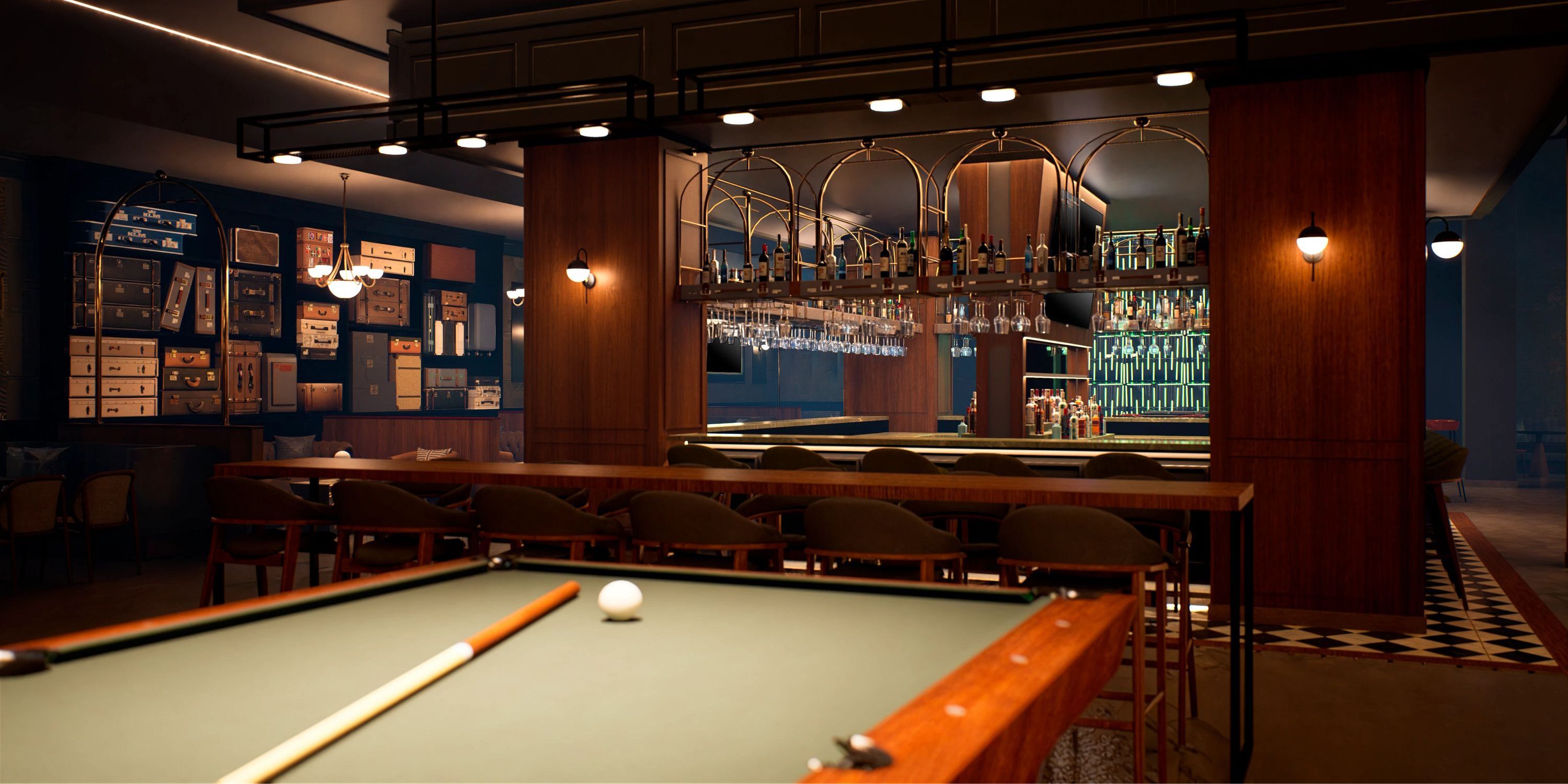 Hyatt Vivid Grand Island bar with pool table, long counter, and wedding-worthy ambiance in dim lighting.