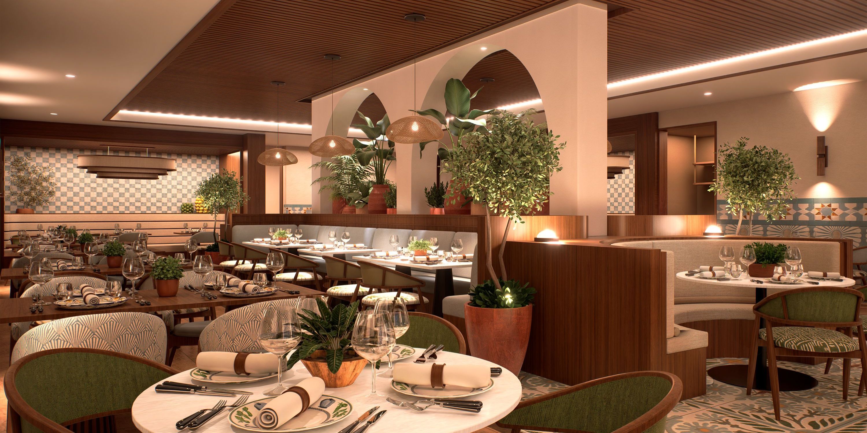 Hyatt Vivid Grand Island: elegant tables, green chairs, and potted plants for a wedding setting.