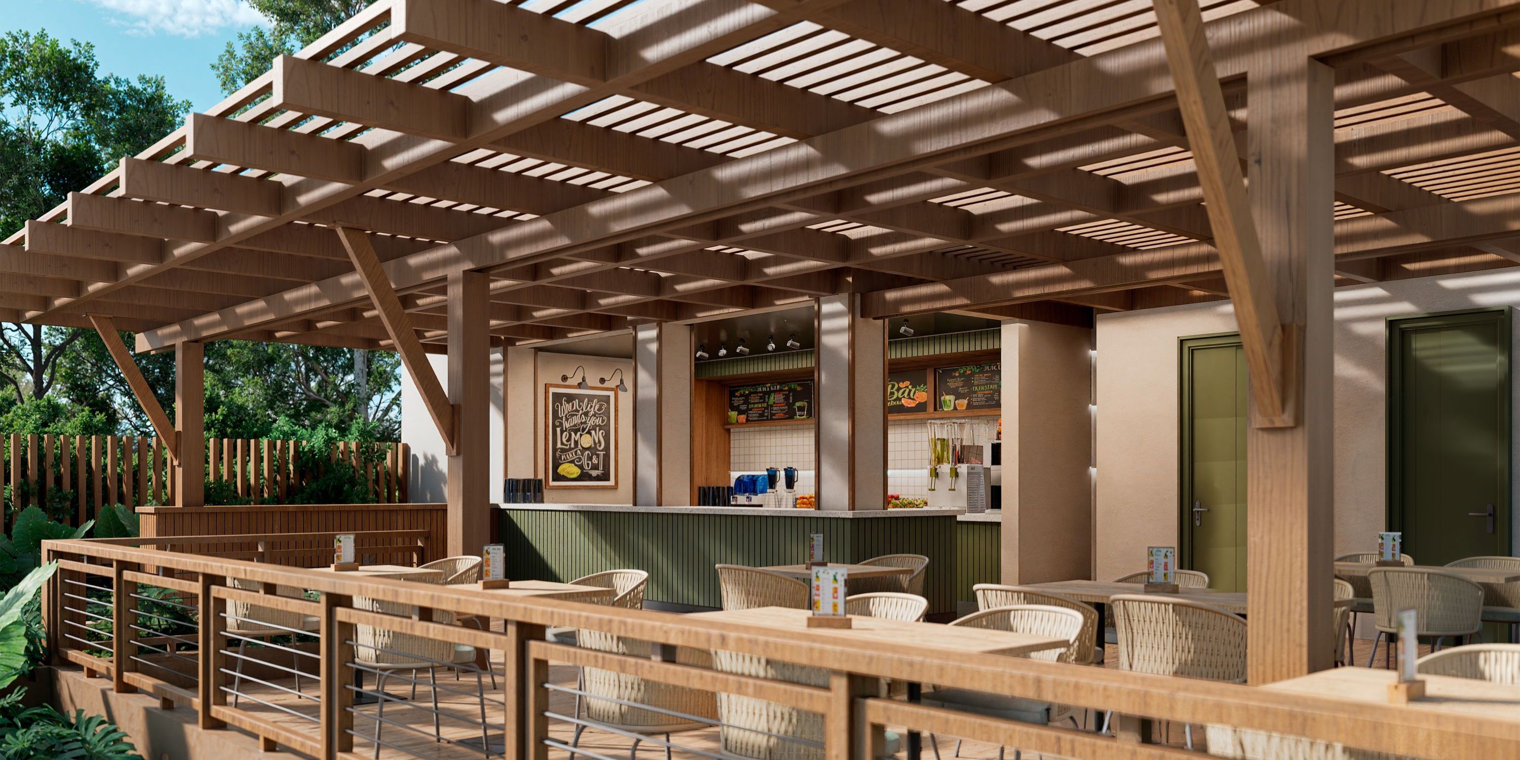 Hyatt Vivid Grand Island&rsquo;s outdoor caf&eacute;, perfect for a destination wedding, has a pergola, tables, and chairs.