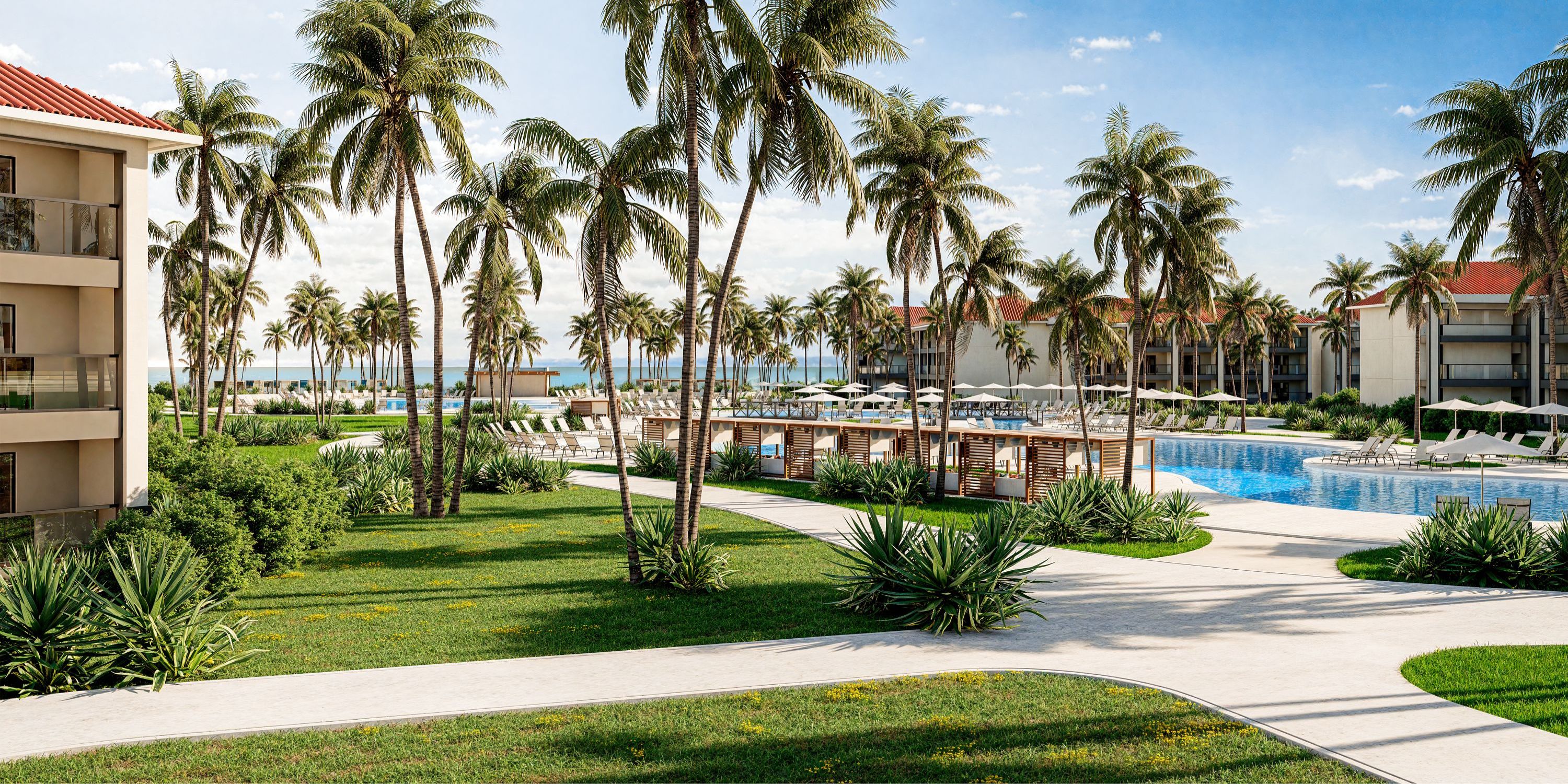 Hyatt Vivid Punta Cana pool, perfect for a destination wedding, with palm trees and ocean views.