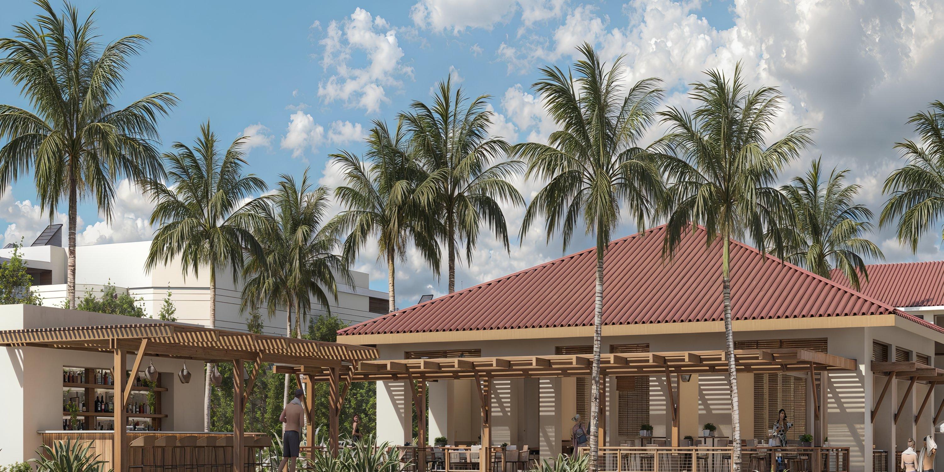 Outdoor dining at Hyatt Vivid Punta Cana, perfect for a destination wedding, with pergola and palm trees.