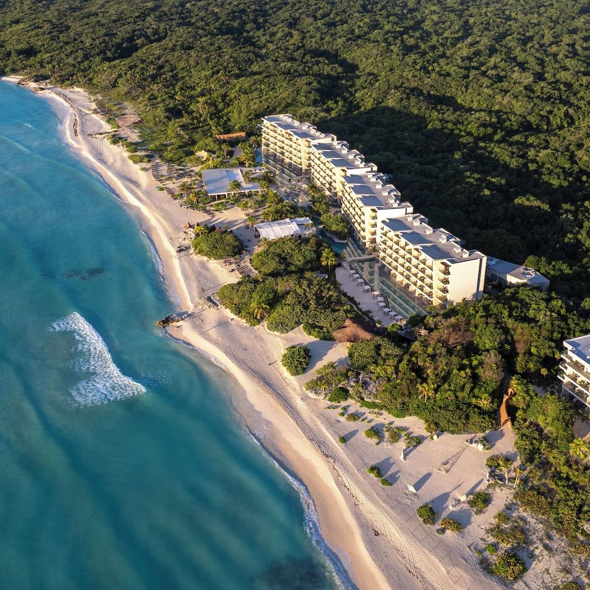 Aerial view of Sandos Playacar resort, a lush destination wedding spot by clear blue water and greenery.