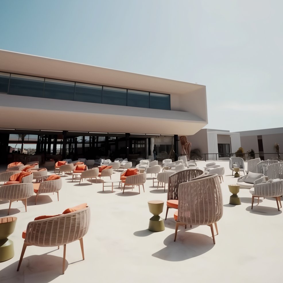 Chic outdoor patio with woven chairs and tables, ideal for a destination wedding at a modern venue.