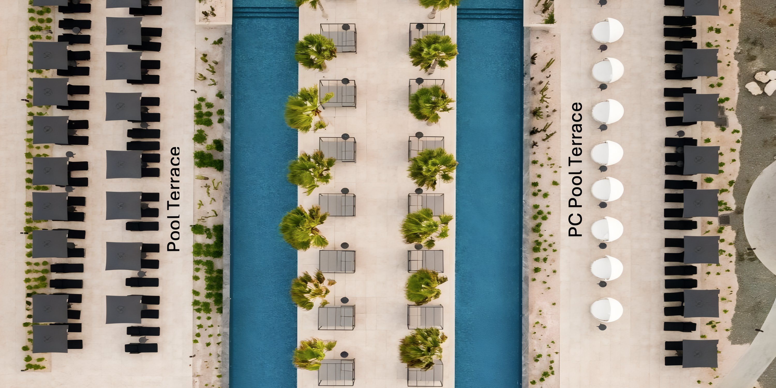 Aerial view of two parallel pool terraces with umbrellas and palm trees, perfect for a destination wedding.