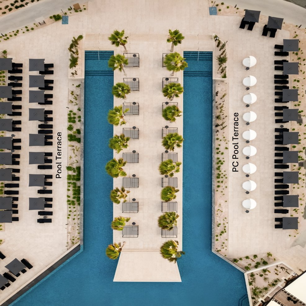 Aerial view of a symmetrical pool perfect for a destination wedding, lined with palm trees and terrace seating.
