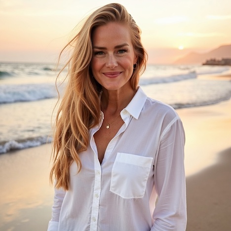 Woman with long blonde hair in white shirt, smiling on a beach at sunset during a destination wedding.