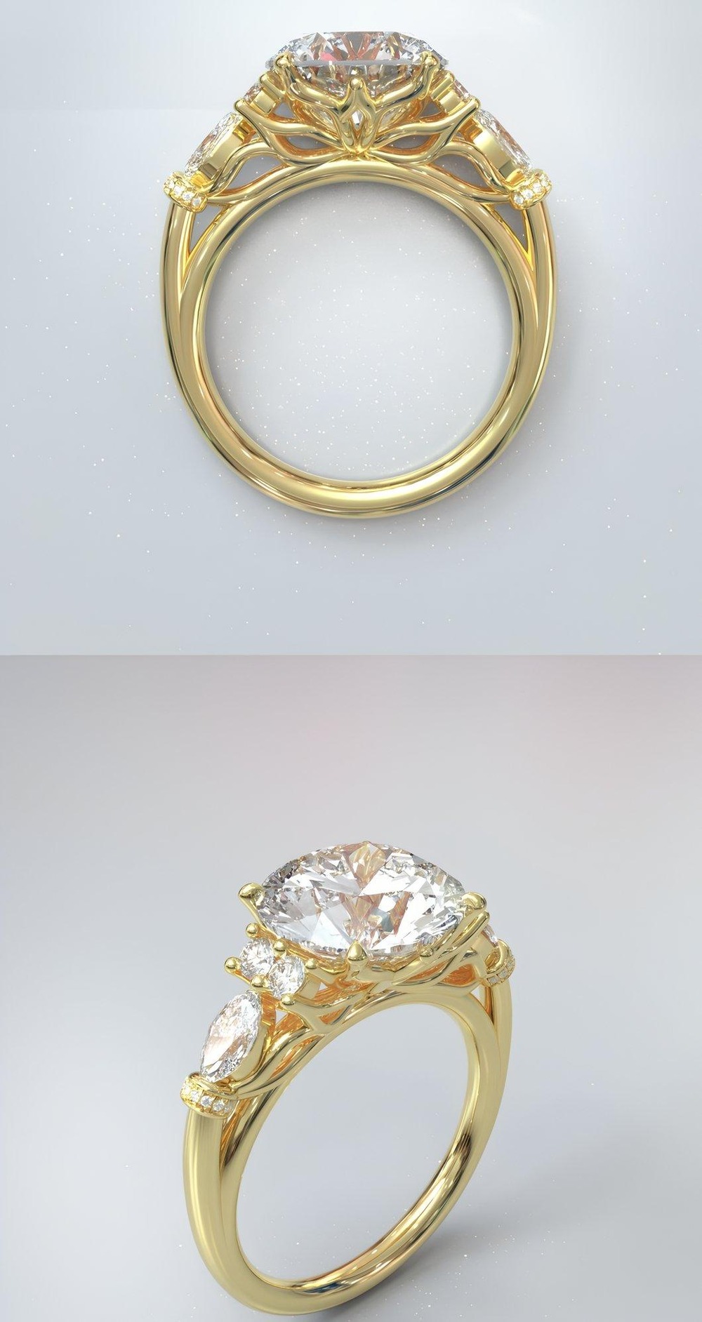 Elegant gold wedding ring with a large oval diamond center and two smaller side stones, displayed two ways.