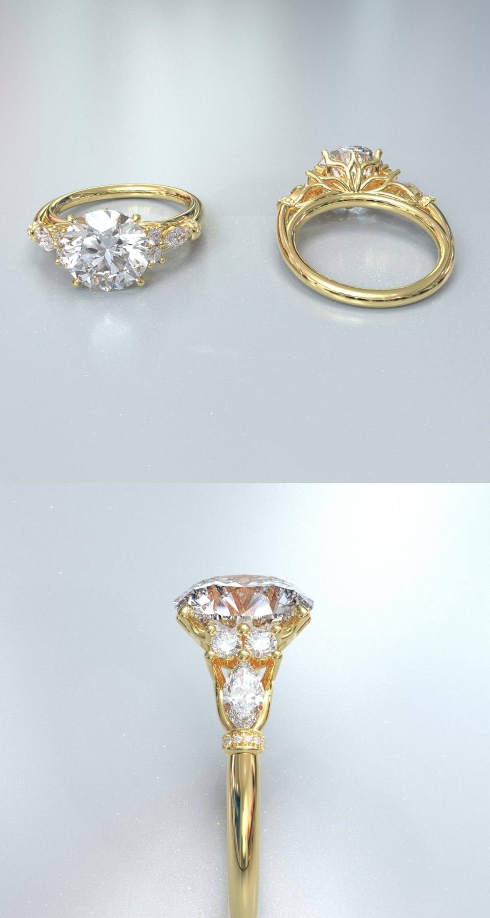 Elegant gold wedding ring with a round diamond center, side stones, displayed from three angles.
