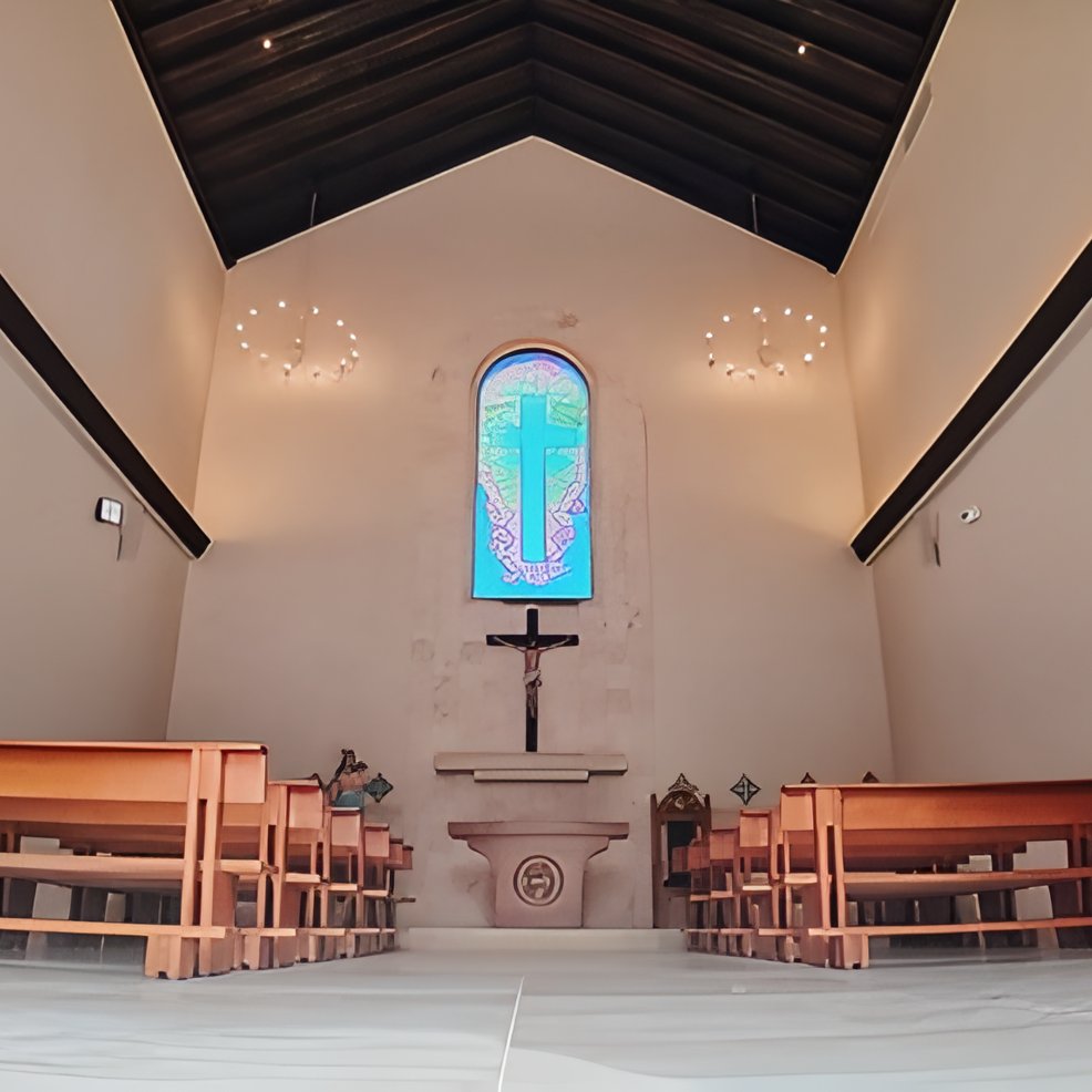 Chapel interior with wooden pews, a crucifix, stained glass window&mdash;ideal for a destination wedding.