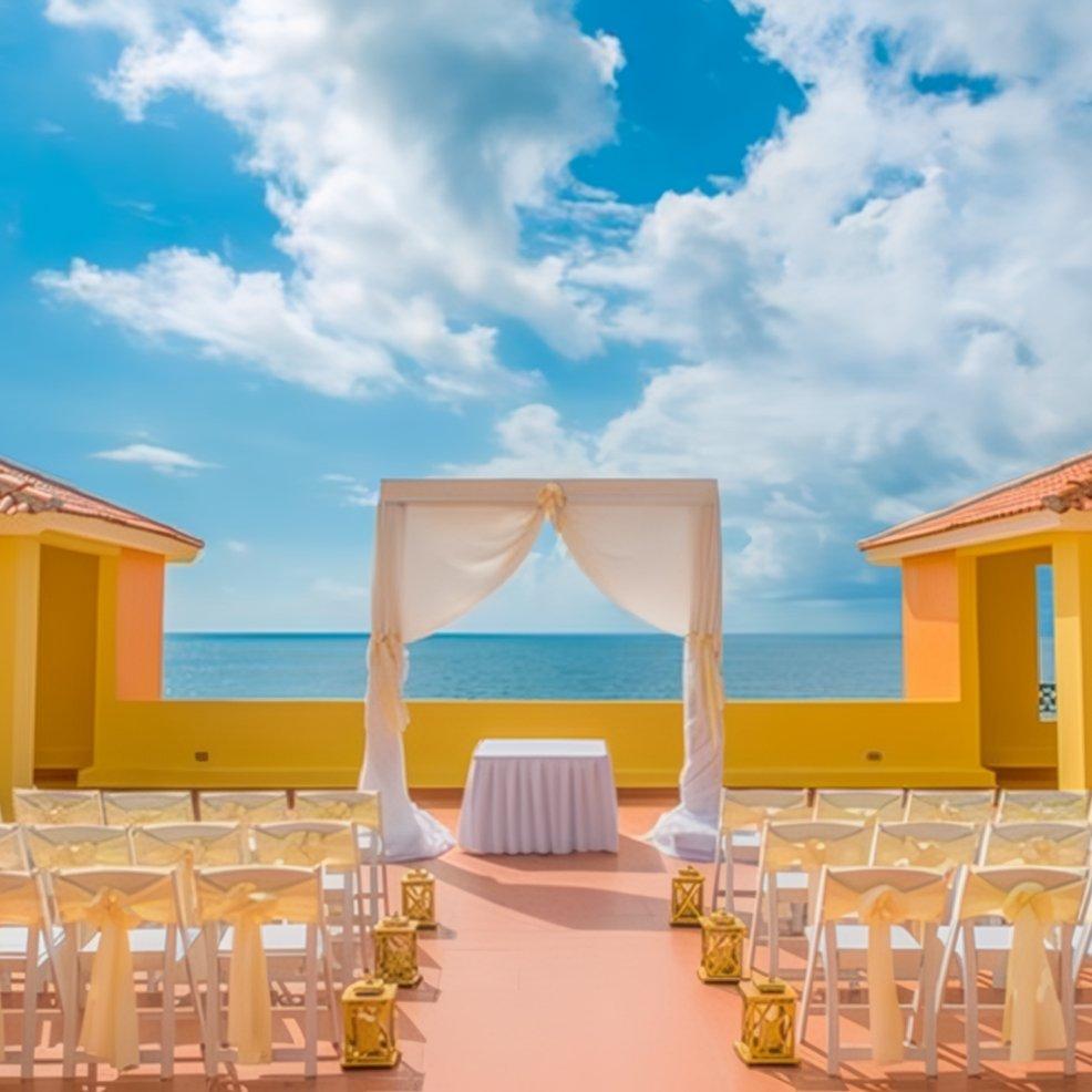 Destination wedding setup outdoors with white chairs and an arch facing the ocean beneath a blue sky.