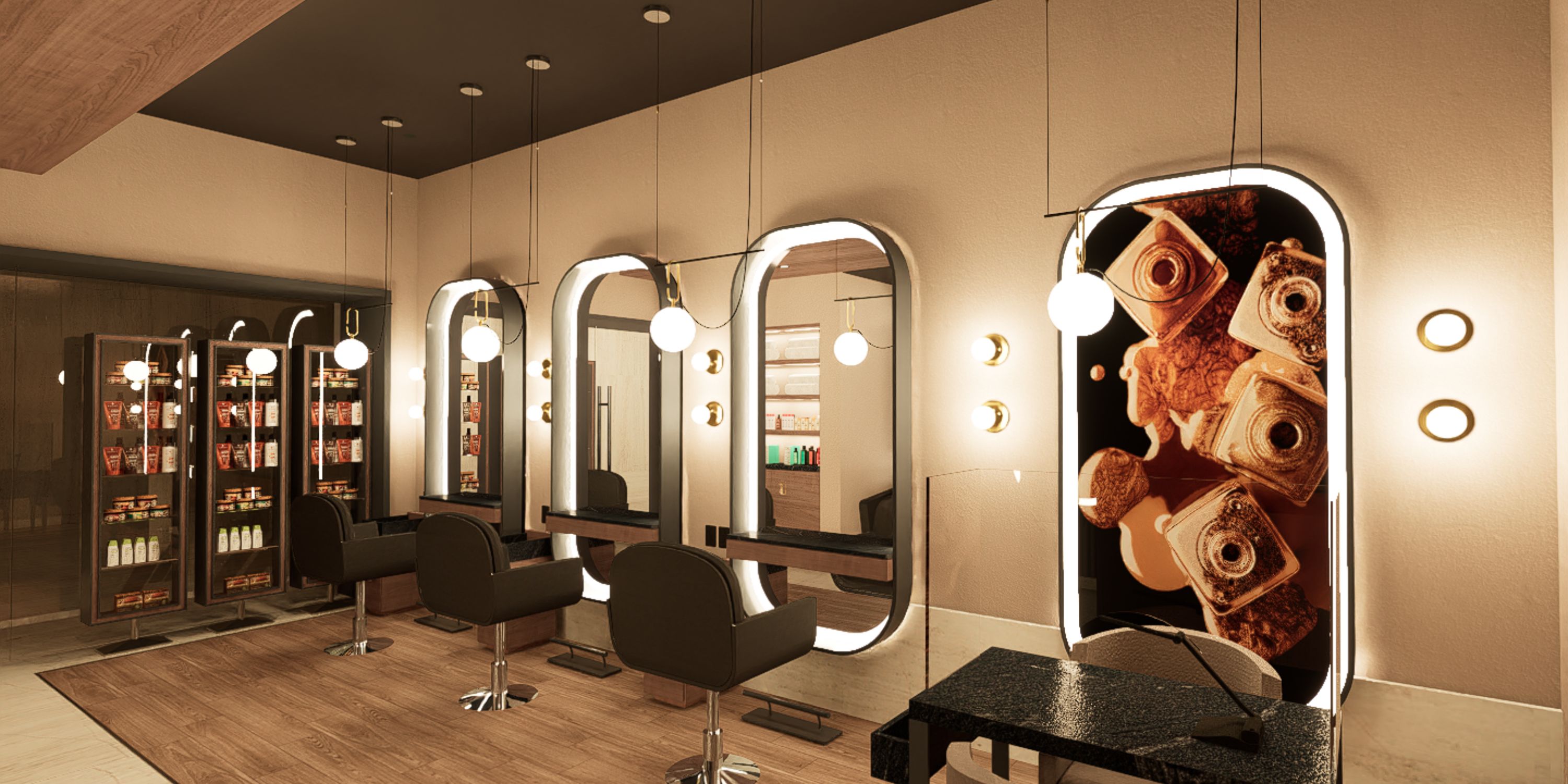 Elegant salon at Royalton Chic Antigua, perfect for destination wedding prep; black chairs and glowing mirrors.