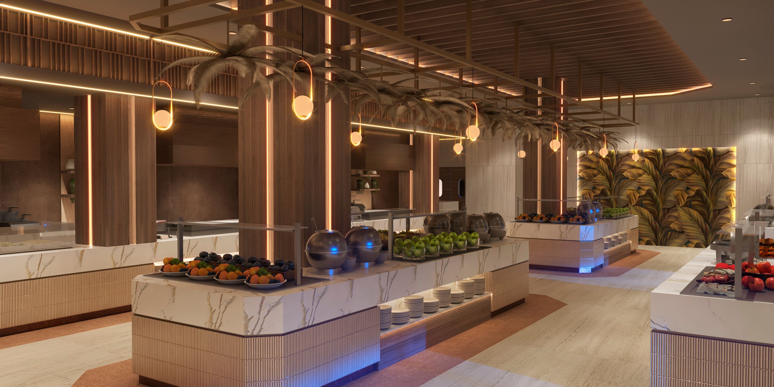 Royalton Chic Antigua: elegant buffet ideal for destination weddings, with fruit displays and marble counters.