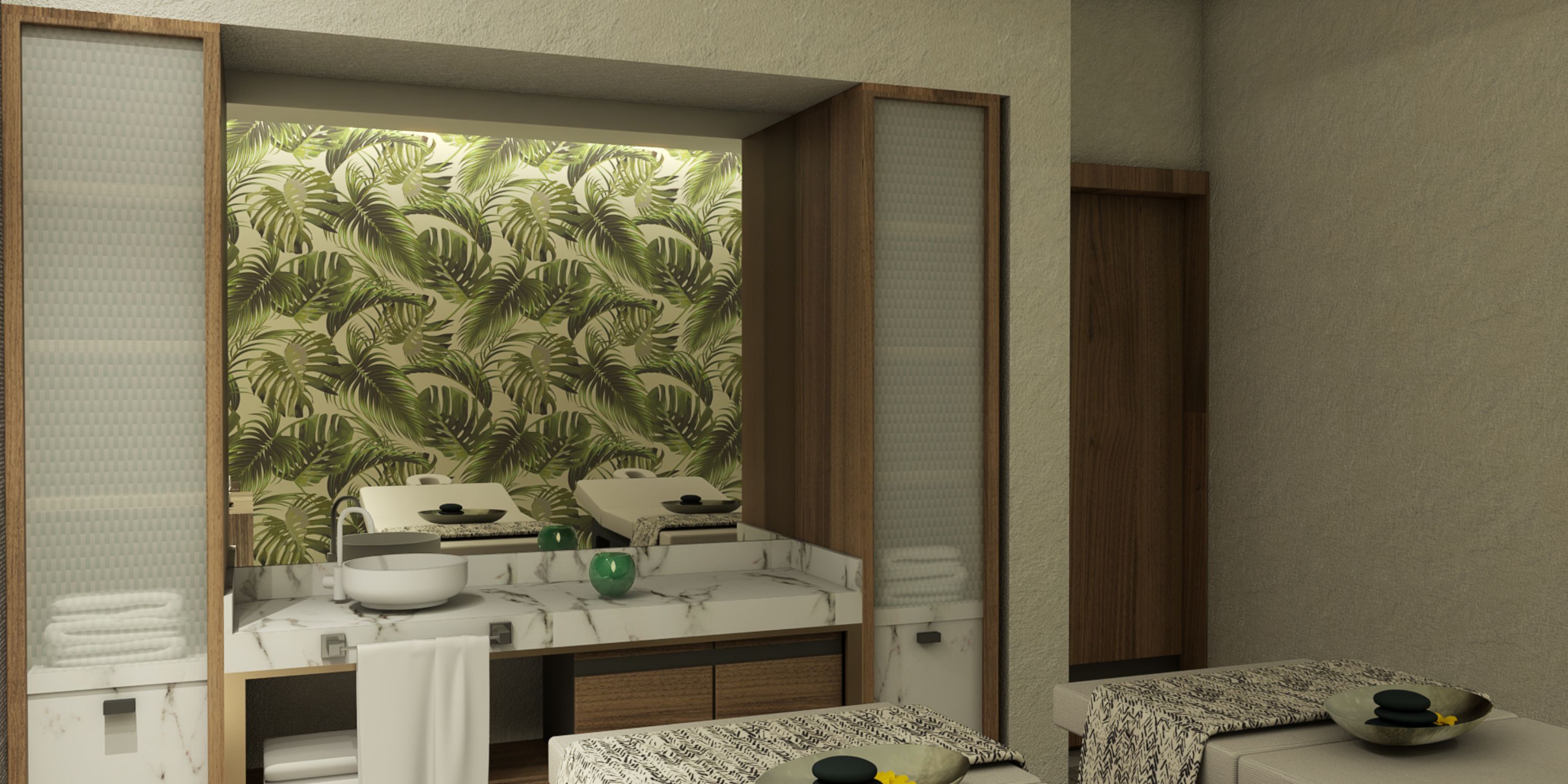 Modern bathroom ideal for a destination wedding, featuring twin sinks, marble counter, and tropical wall.