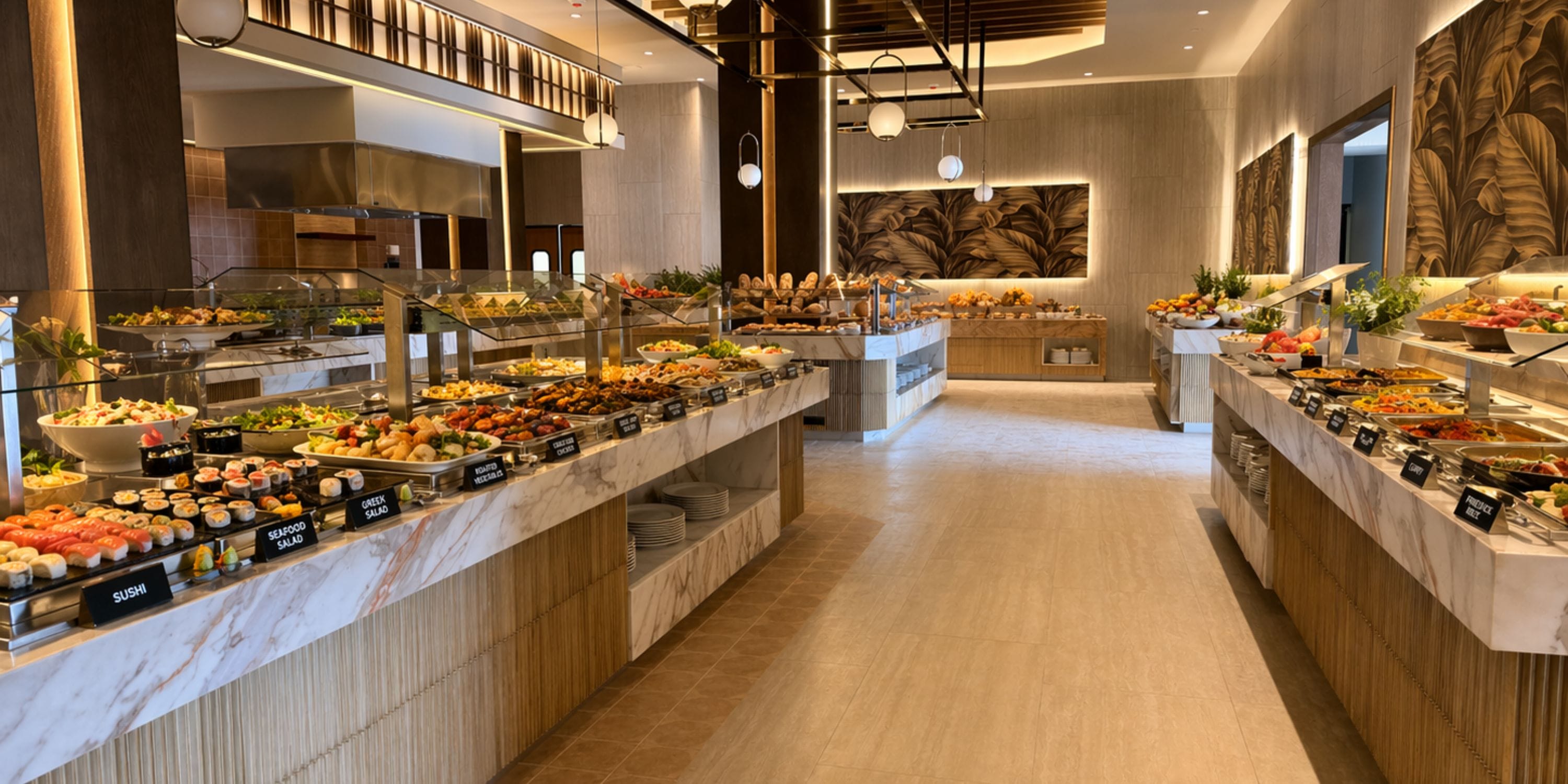 Buffet at Royalton Vessence Barbados wedding offers diverse dishes on marble counters.