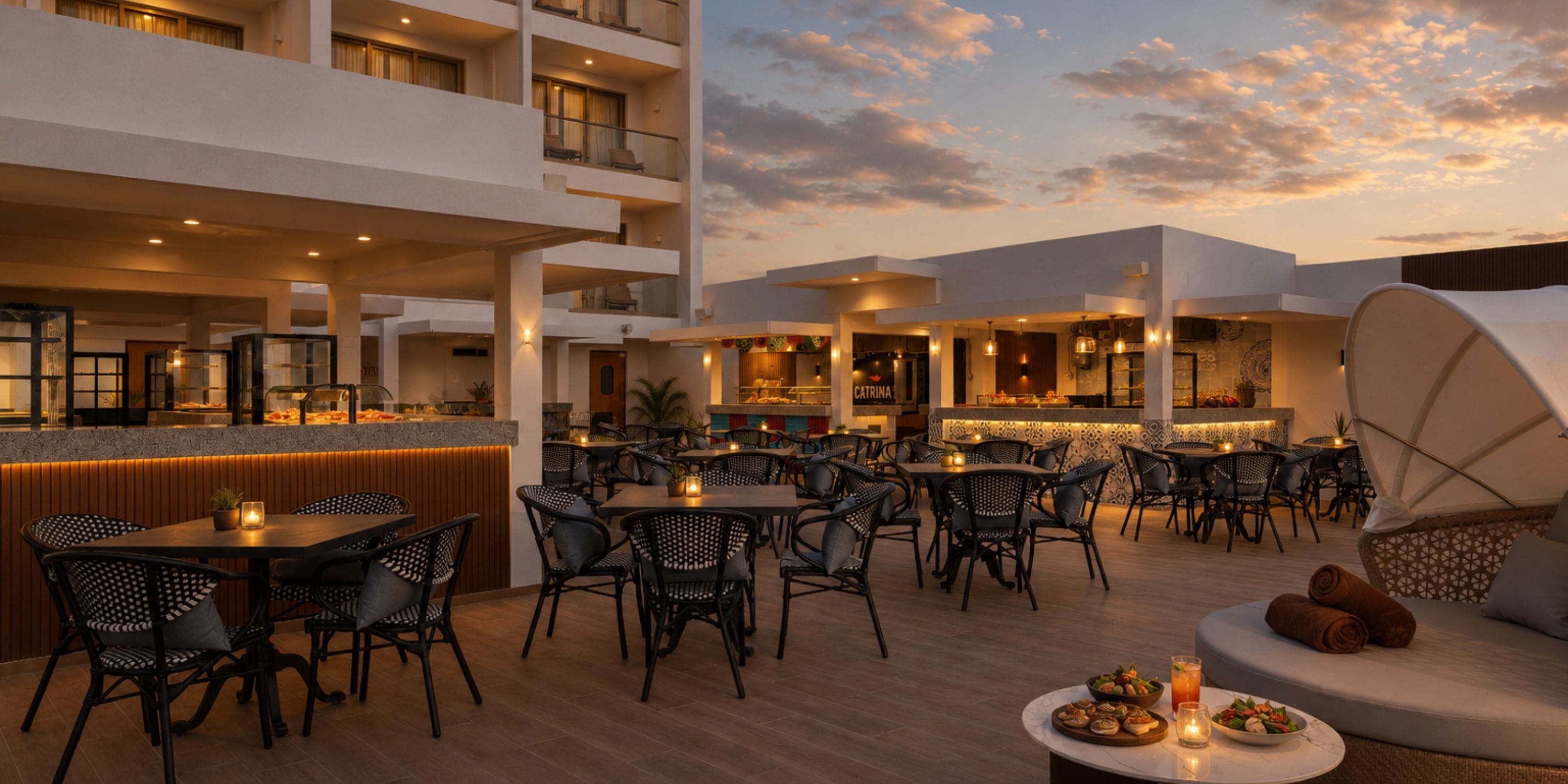 Outdoor dining at Royalton Vessence Barbados, ideal for destination weddings at sunset, tables set.