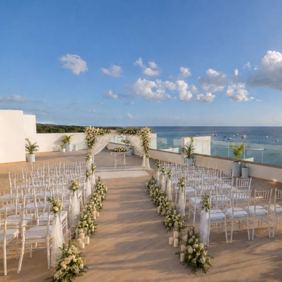 Destination wedding scene with white chairs, floral accents, and ocean backdrop beneath a clear sky.