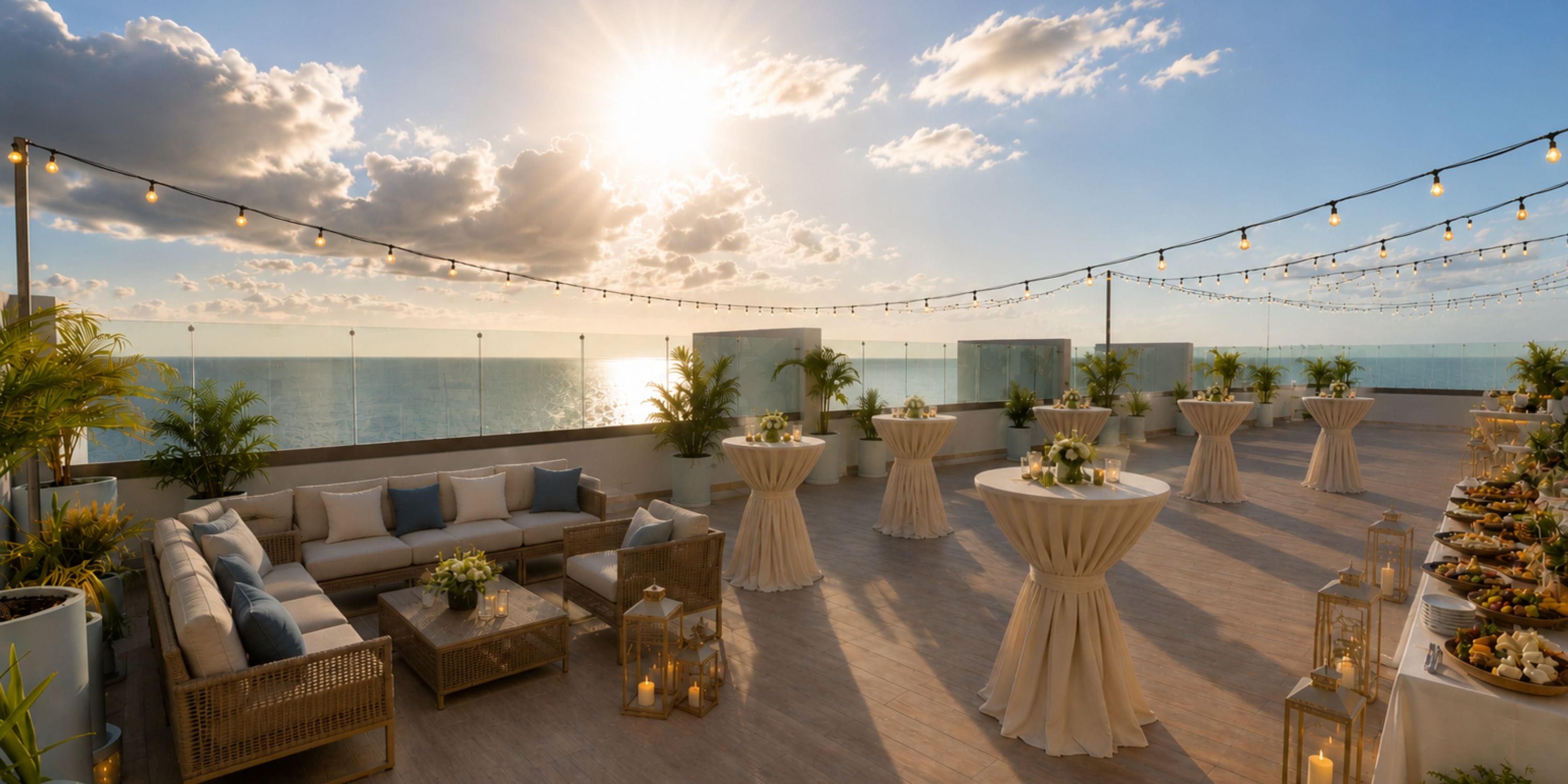 Destination wedding rooftop at Royalton Vessence: cocktails, seating, string lights, ocean sunset.