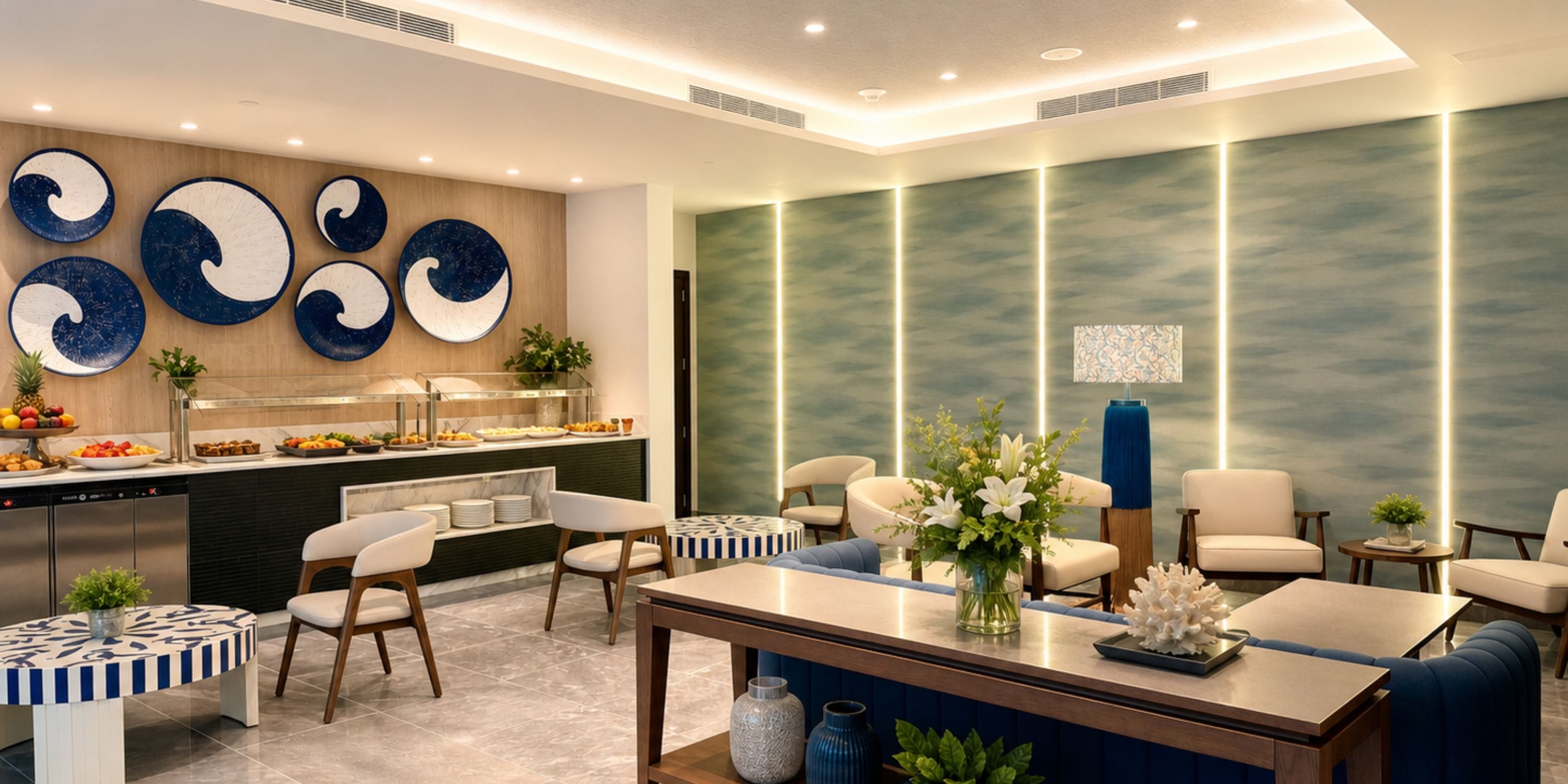 Royalton Vessence Barbados: elegant lounge with blue decor, buffet, and seating for a destination wedding.