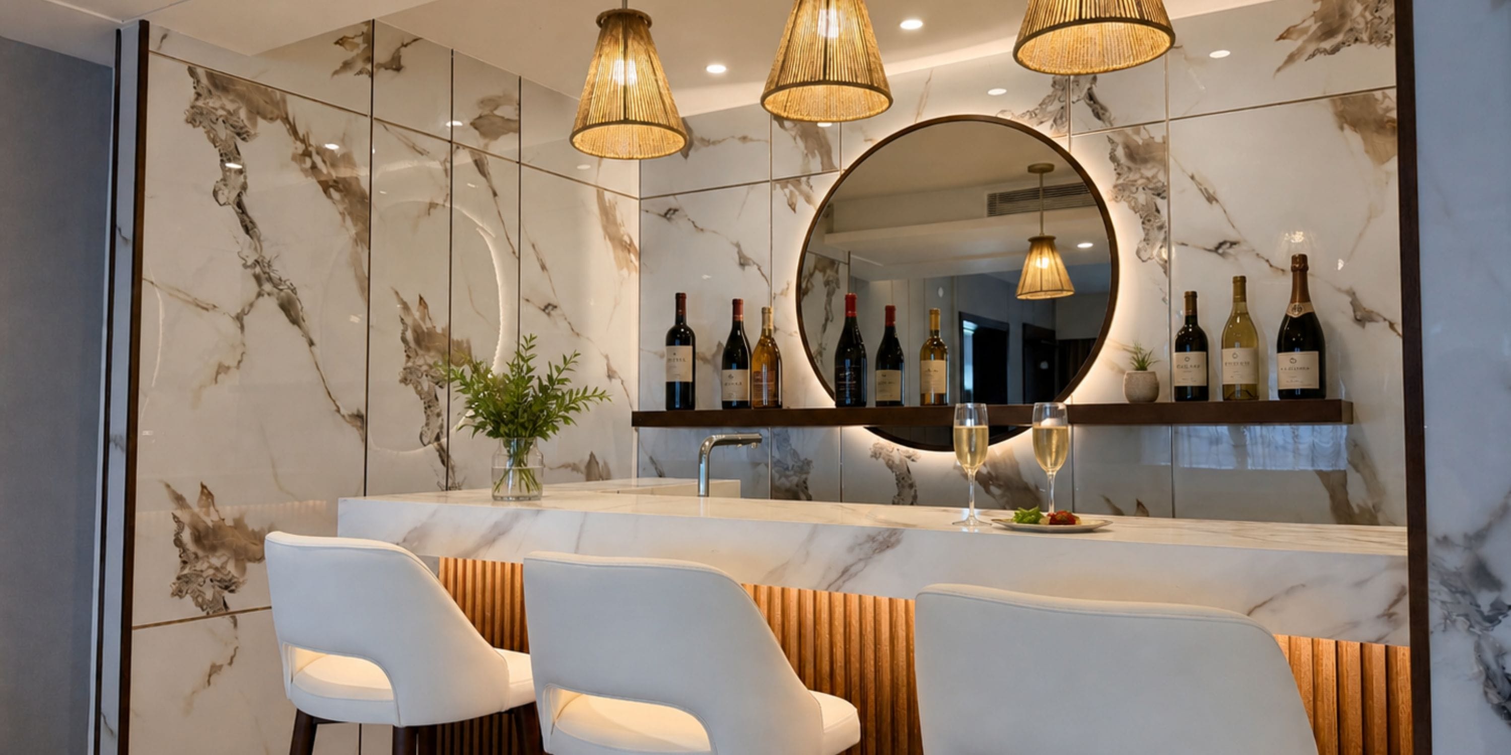 Destination wedding marble home bar at Royalton Vessence Barbados with white chairs, mirror, and pendants.