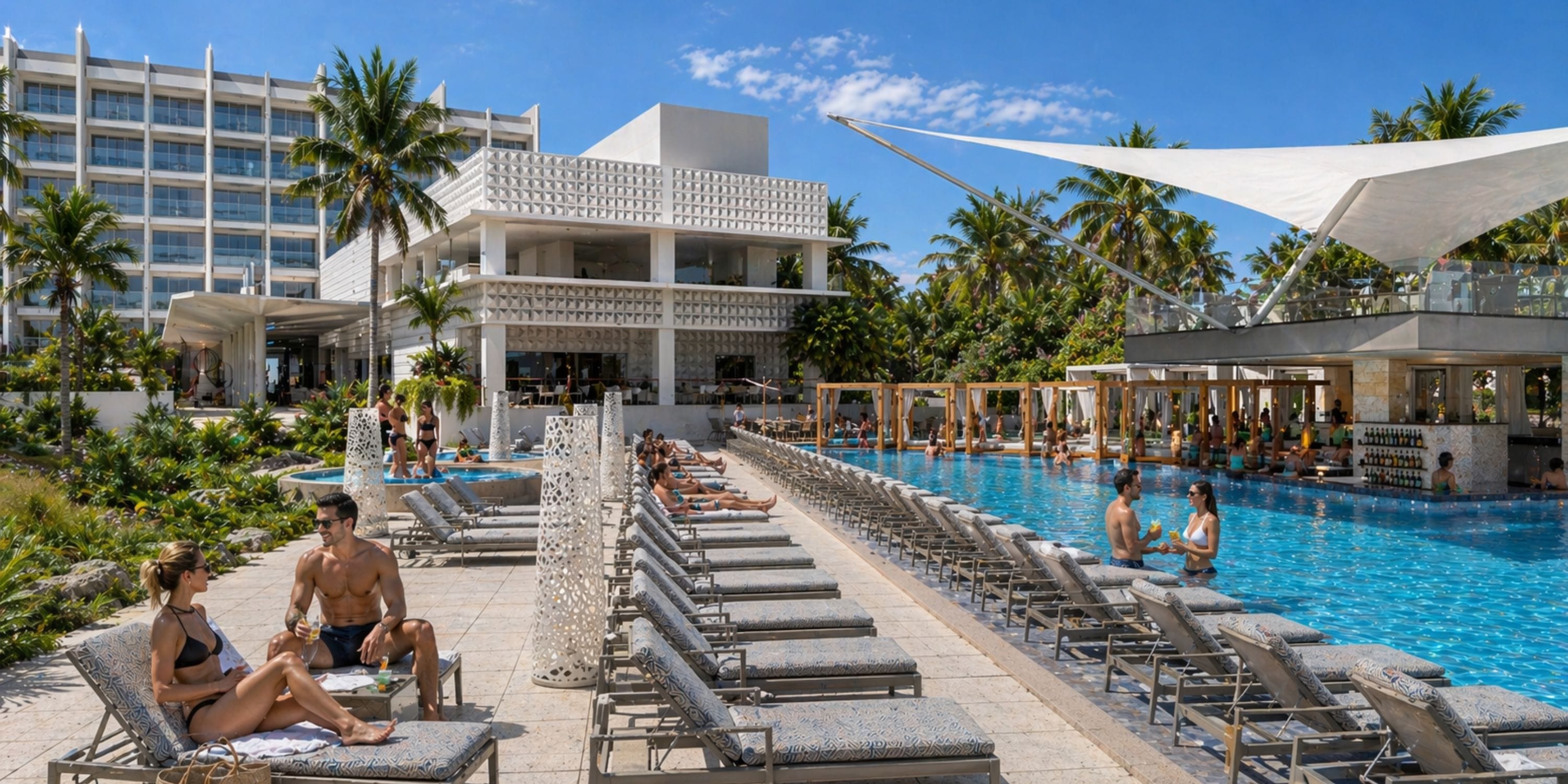 Royalton Vessence Barbados: outdoor pool, sun loungers, palm trees&mdash;ideal for a destination wedding.