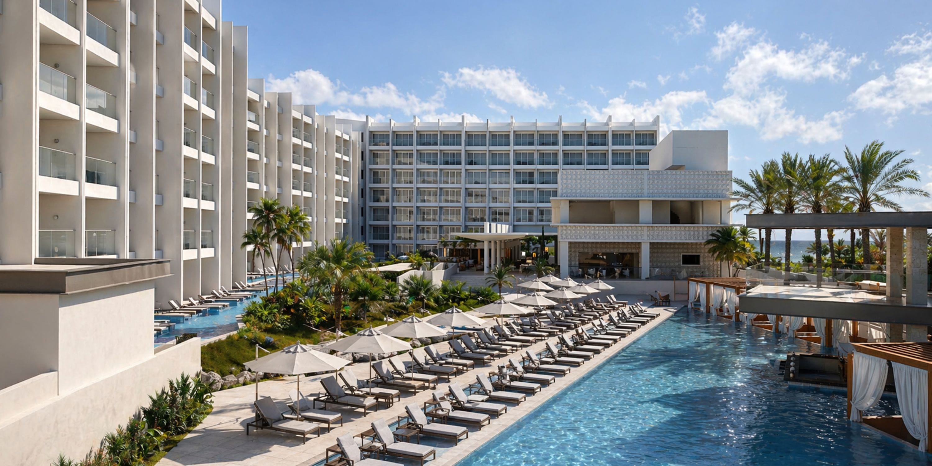 Royalton Vessence Barbados: ideal destination wedding hotel with pool, lounge chairs, umbrellas, palms.