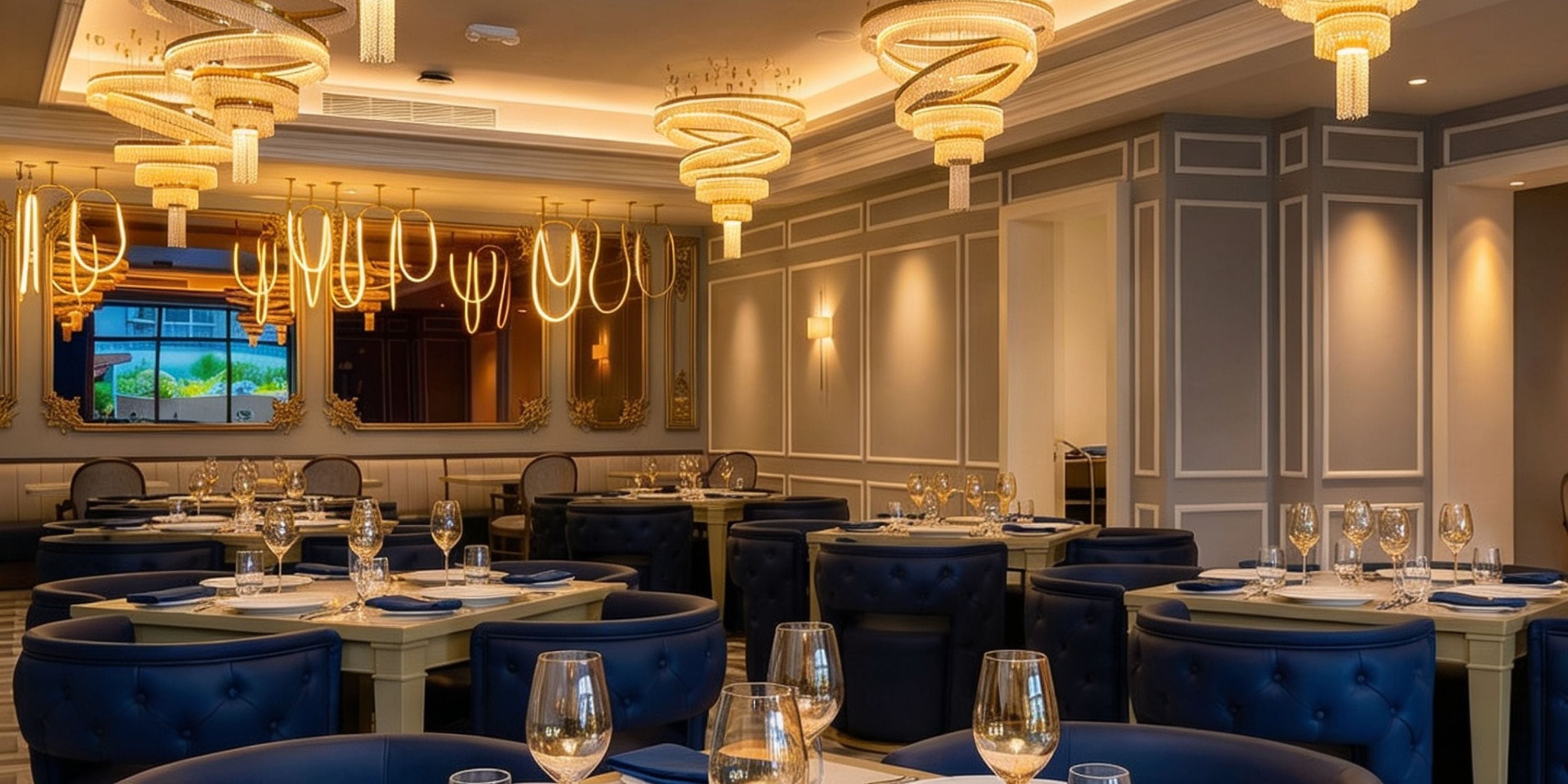 Royalton Vessence Barbados: chic dining room with blue chairs and set tables, perfect for destination weddings.