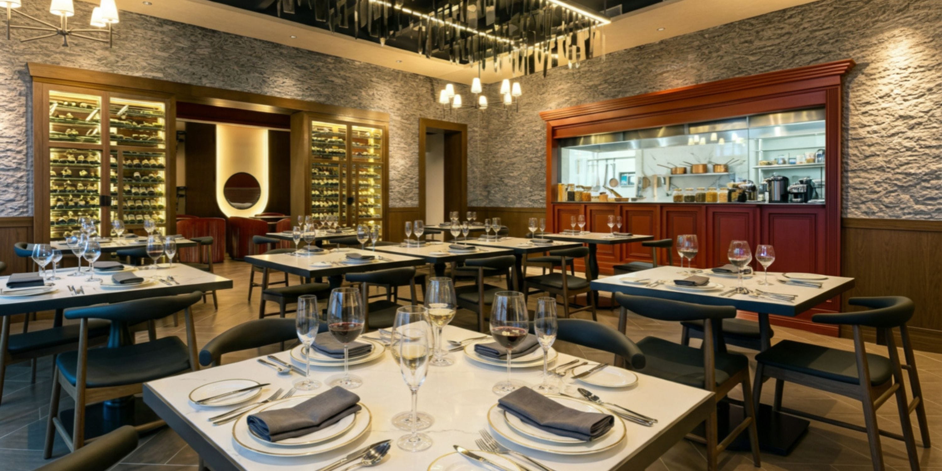 Royalton Vessence Barbados: Elegant dining area set for a destination wedding, wine display, open kitchen.