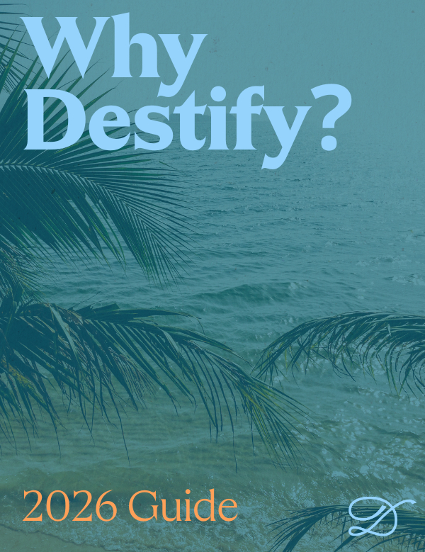 Palm trees by the ocean with "Why Destify? 2026 Guide"&mdash;ideal for your dream destination wedding.