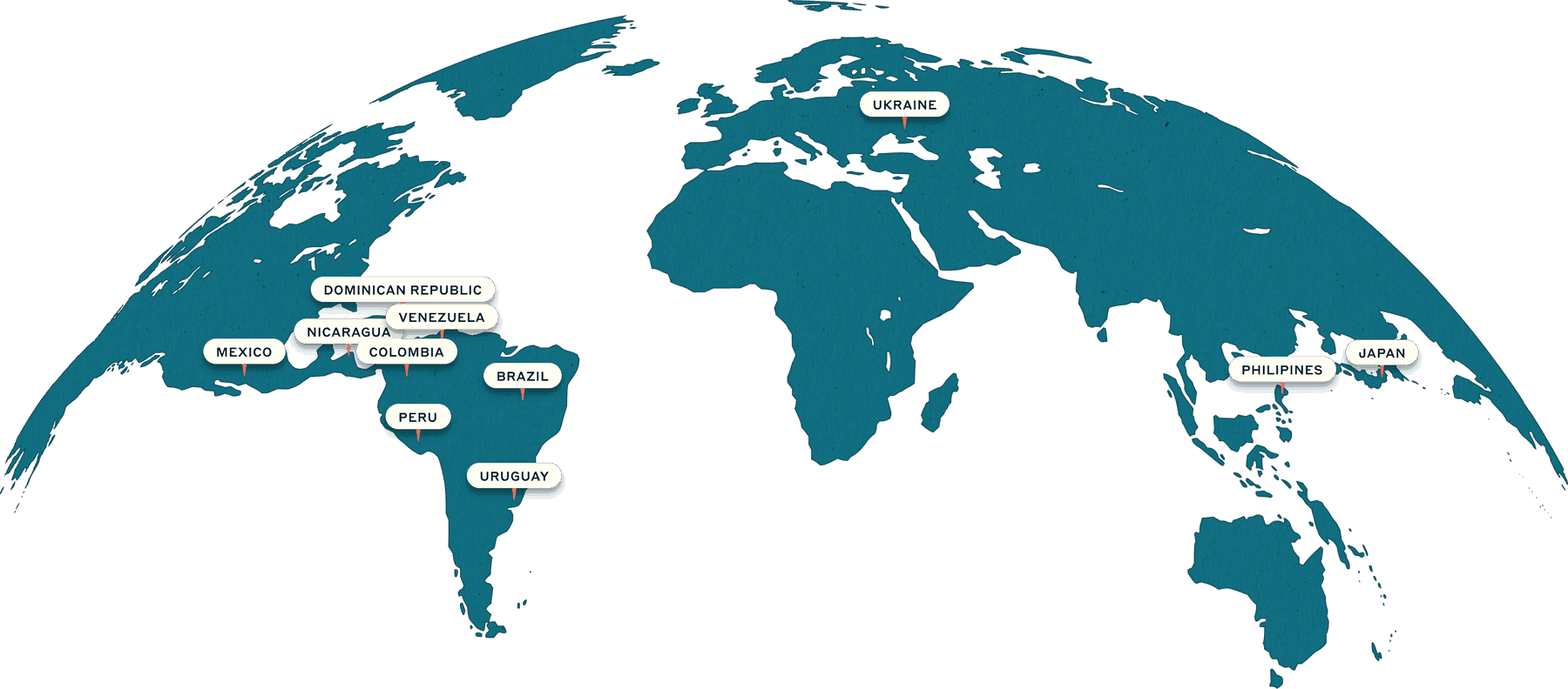 Partial world map with labeled countries in Latin America, Europe, and Asia for destination weddings.